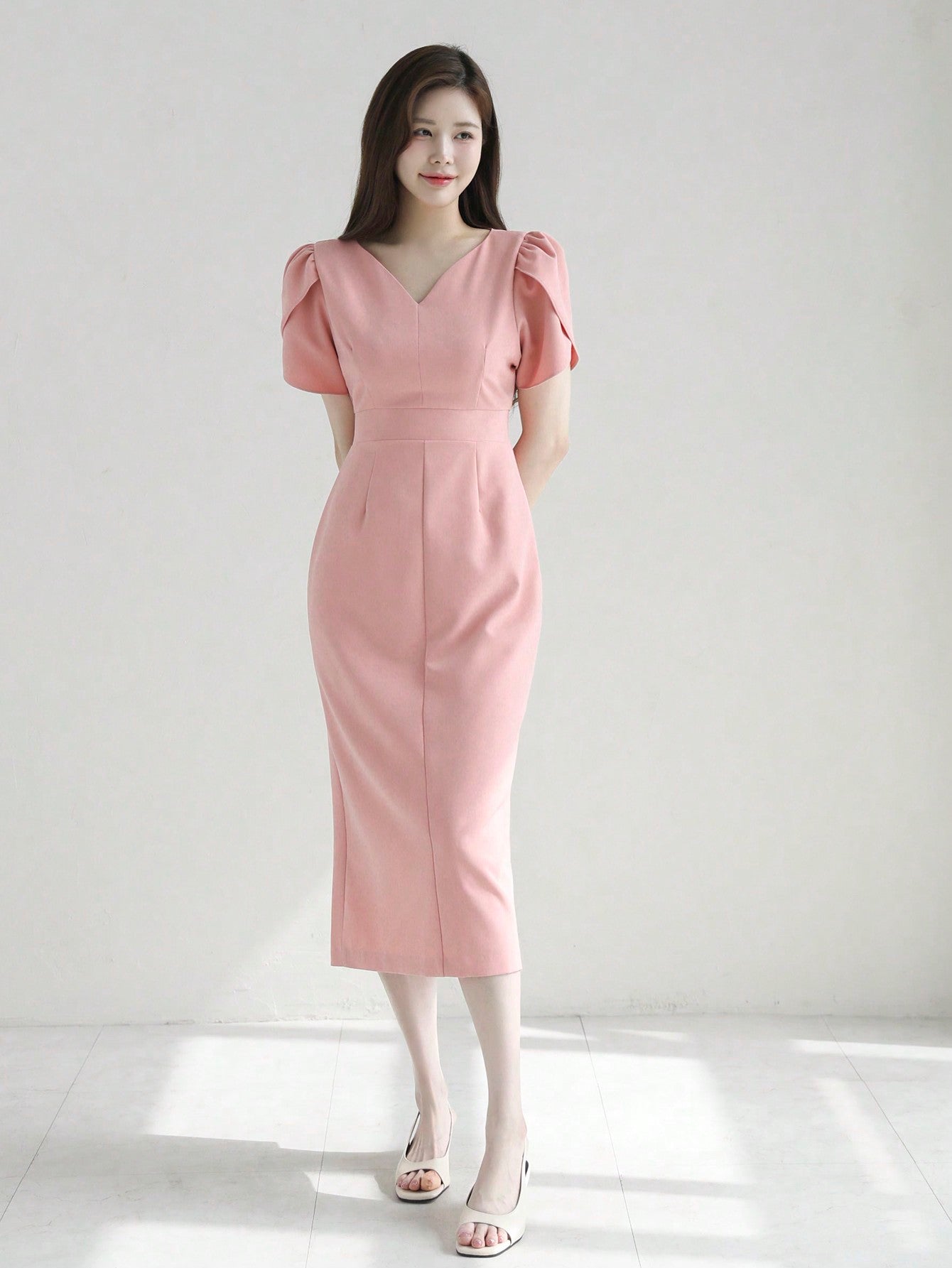 CM-DS220442 Women Elegant Seoul Style V-Neck Solid Color Petal Sleeve Midi Dress - Light Pink