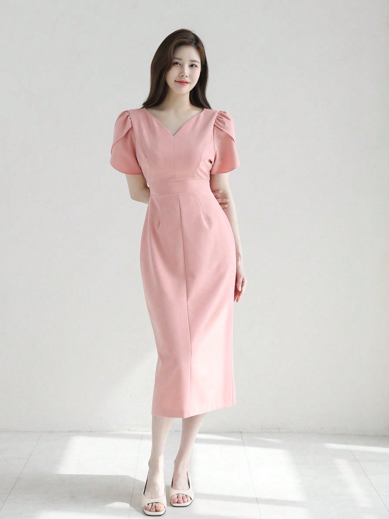 CM-DS220442 Women Elegant Seoul Style V-Neck Solid Color Petal Sleeve Midi Dress - Light Pink