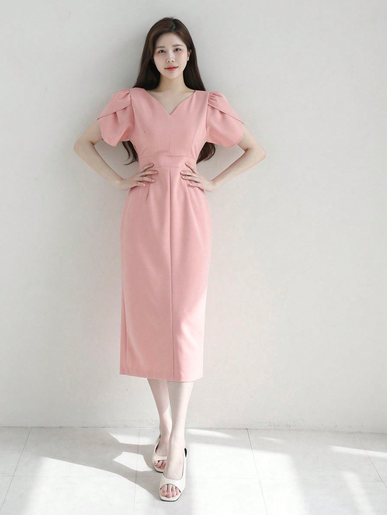 CM-DS220442 Women Elegant Seoul Style V-Neck Solid Color Petal Sleeve Midi Dress - Light Pink