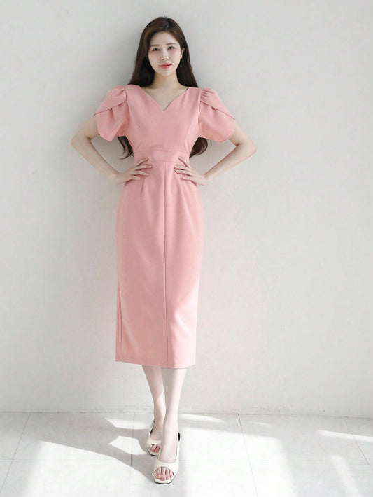 CM-DS220442 Women Elegant Seoul Style V-Neck Solid Color Petal Sleeve Midi Dress - Light Pink