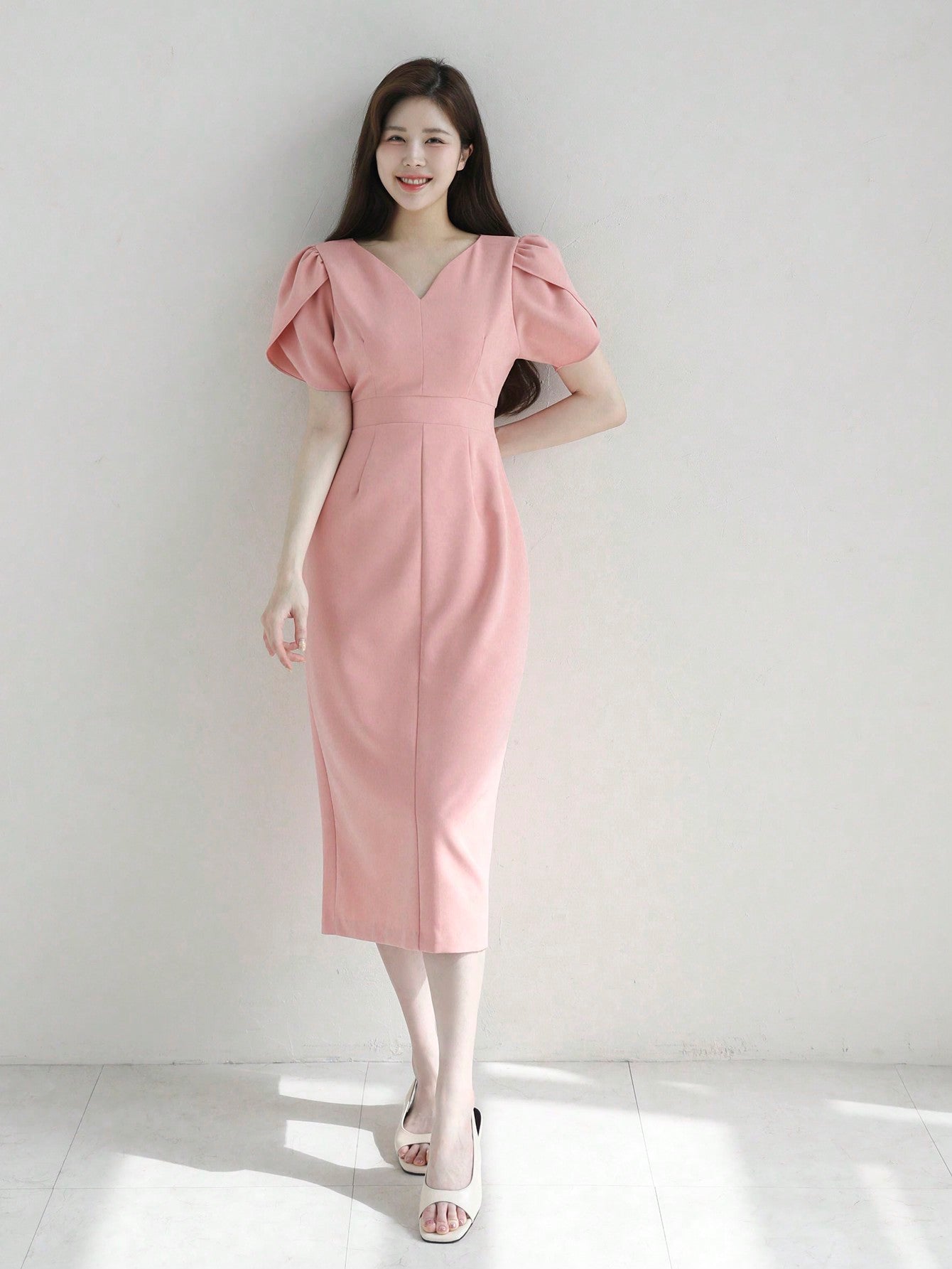 CM-DS220442 Women Elegant Seoul Style V-Neck Solid Color Petal Sleeve Midi Dress - Light Pink