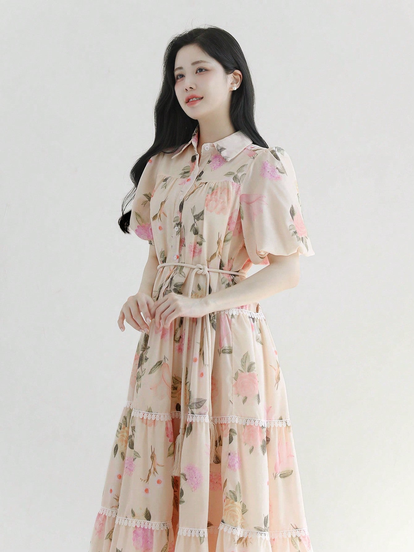CM-DS662103 Women Elegant Seoul Style Floral Print Cinched Waist A-Line Midi Dress