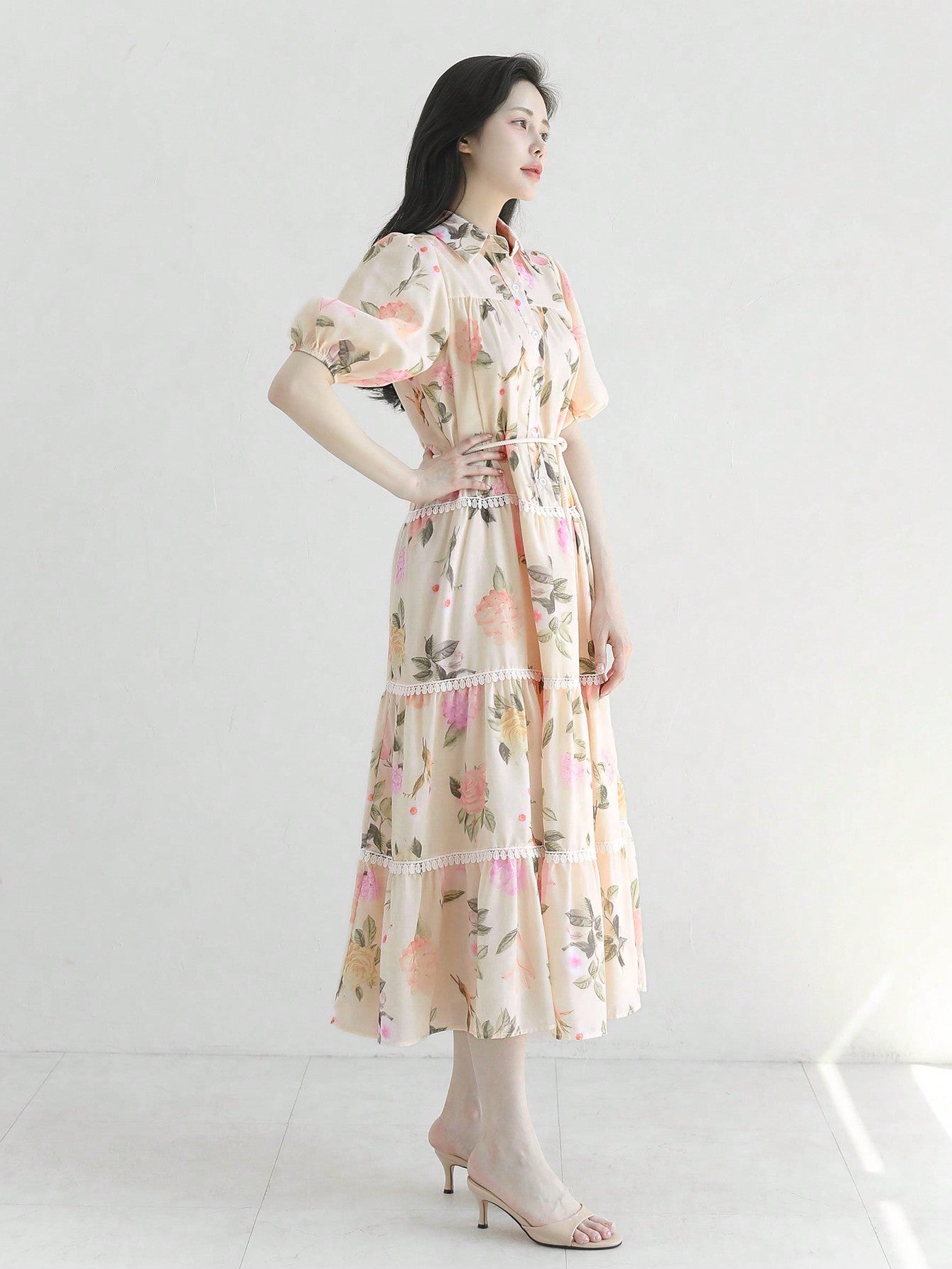 CM-DS662103 Women Elegant Seoul Style Floral Print Cinched Waist A-Line Midi Dress