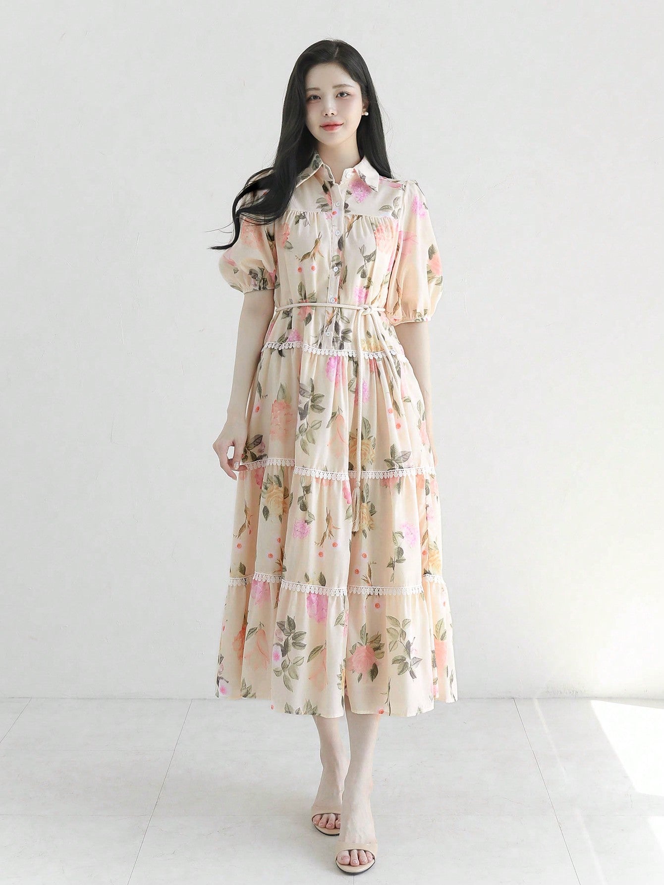 CM-DS662103 Women Elegant Seoul Style Floral Print Cinched Waist A-Line Midi Dress