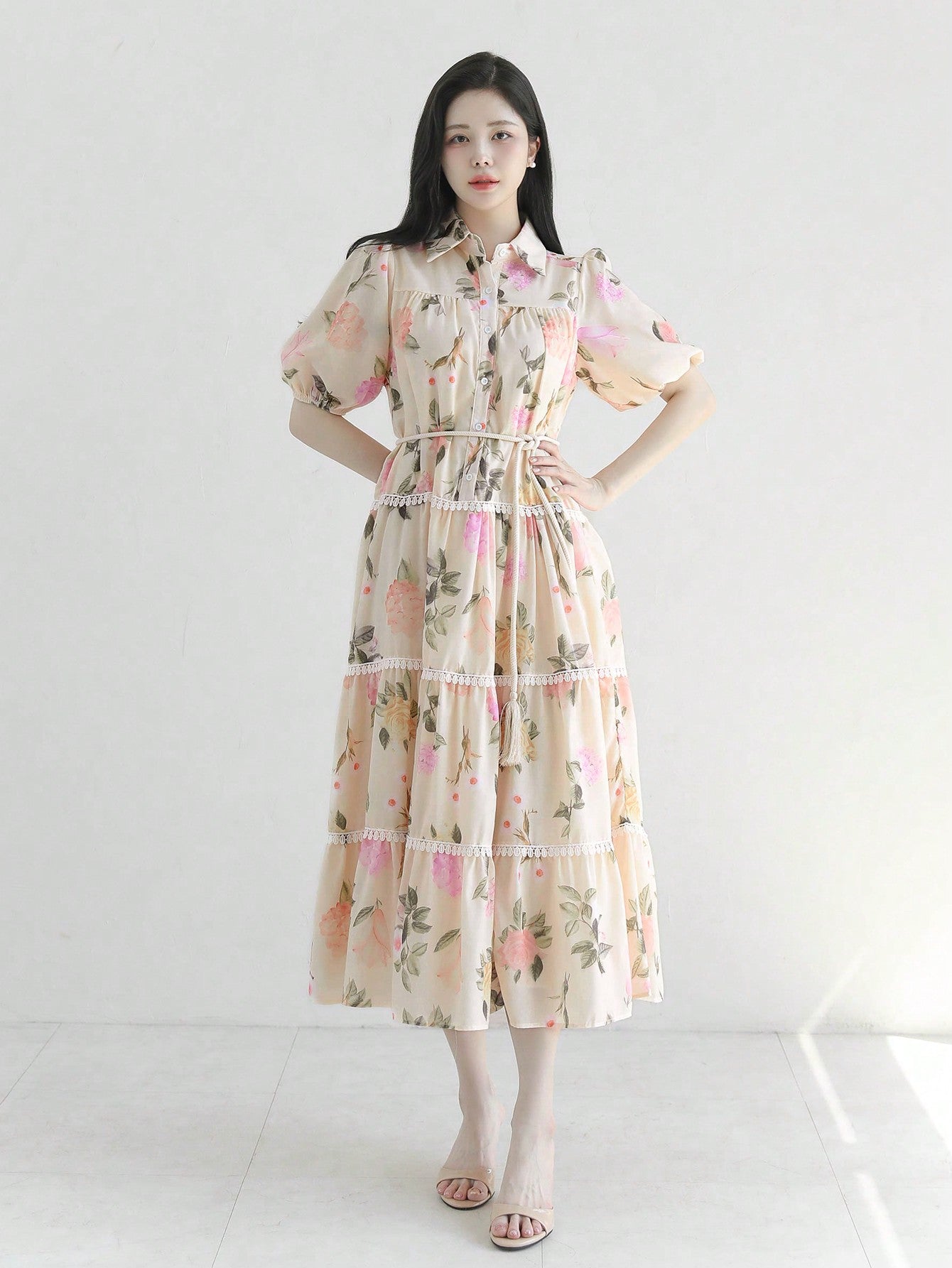 CM-DS662103 Women Elegant Seoul Style Floral Print Cinched Waist A-Line Midi Dress