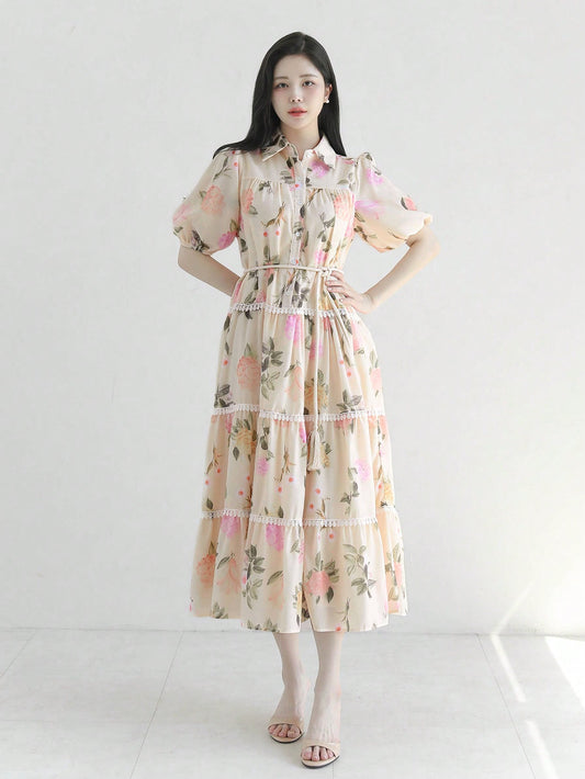 CM-DS662103 Women Elegant Seoul Style Floral Print Cinched Waist A-Line Midi Dress