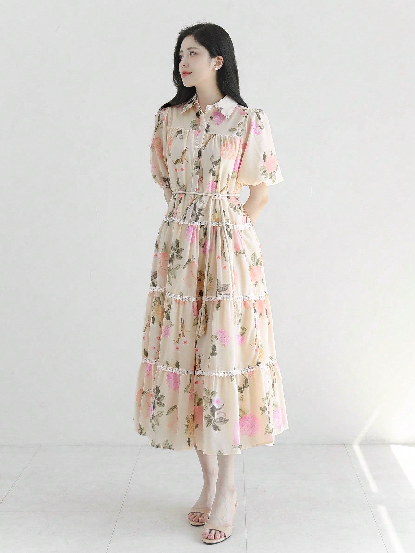 CM-DS662103 Women Elegant Seoul Style Floral Print Cinched Waist A-Line Midi Dress