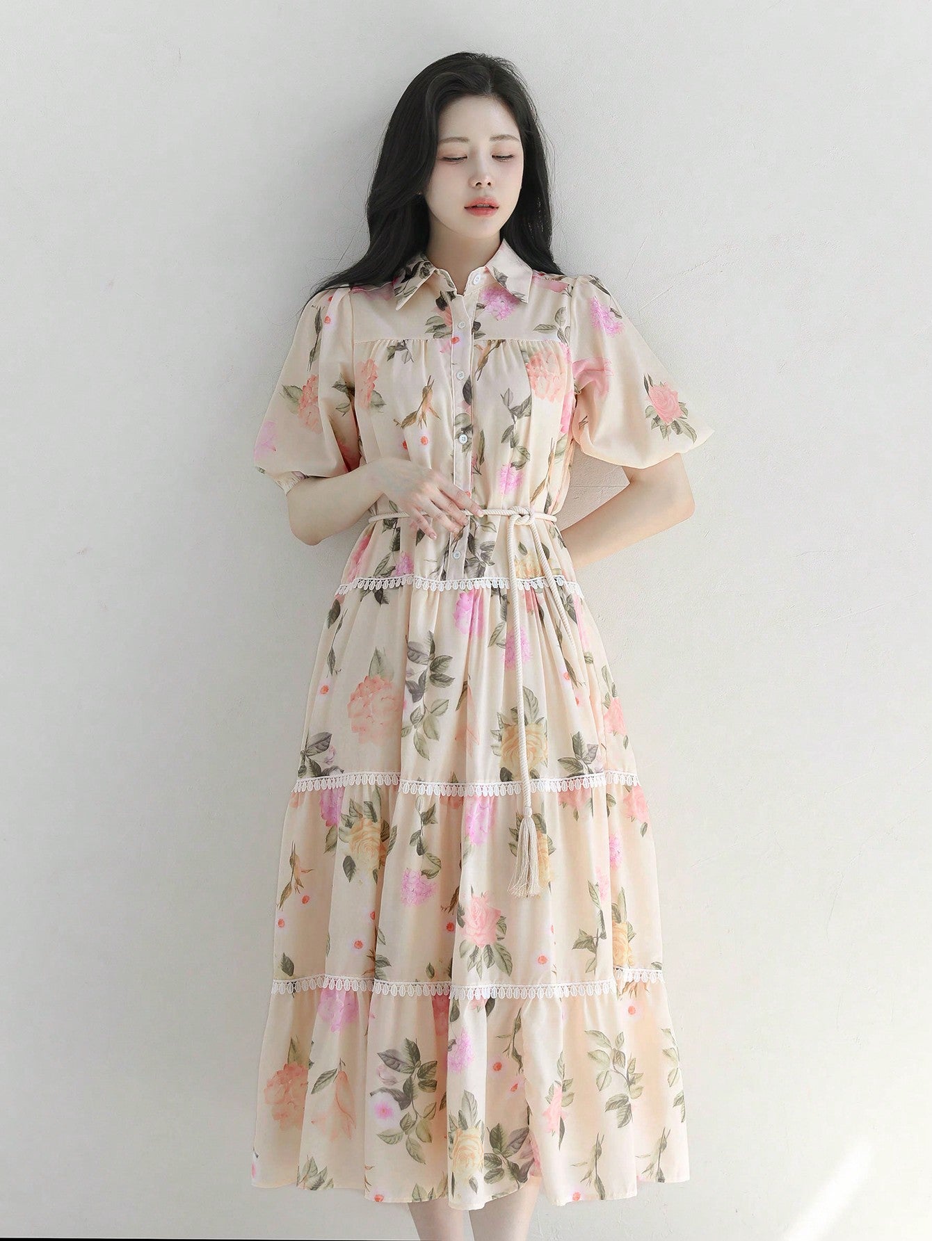 CM-DS662103 Women Elegant Seoul Style Floral Print Cinched Waist A-Line Midi Dress