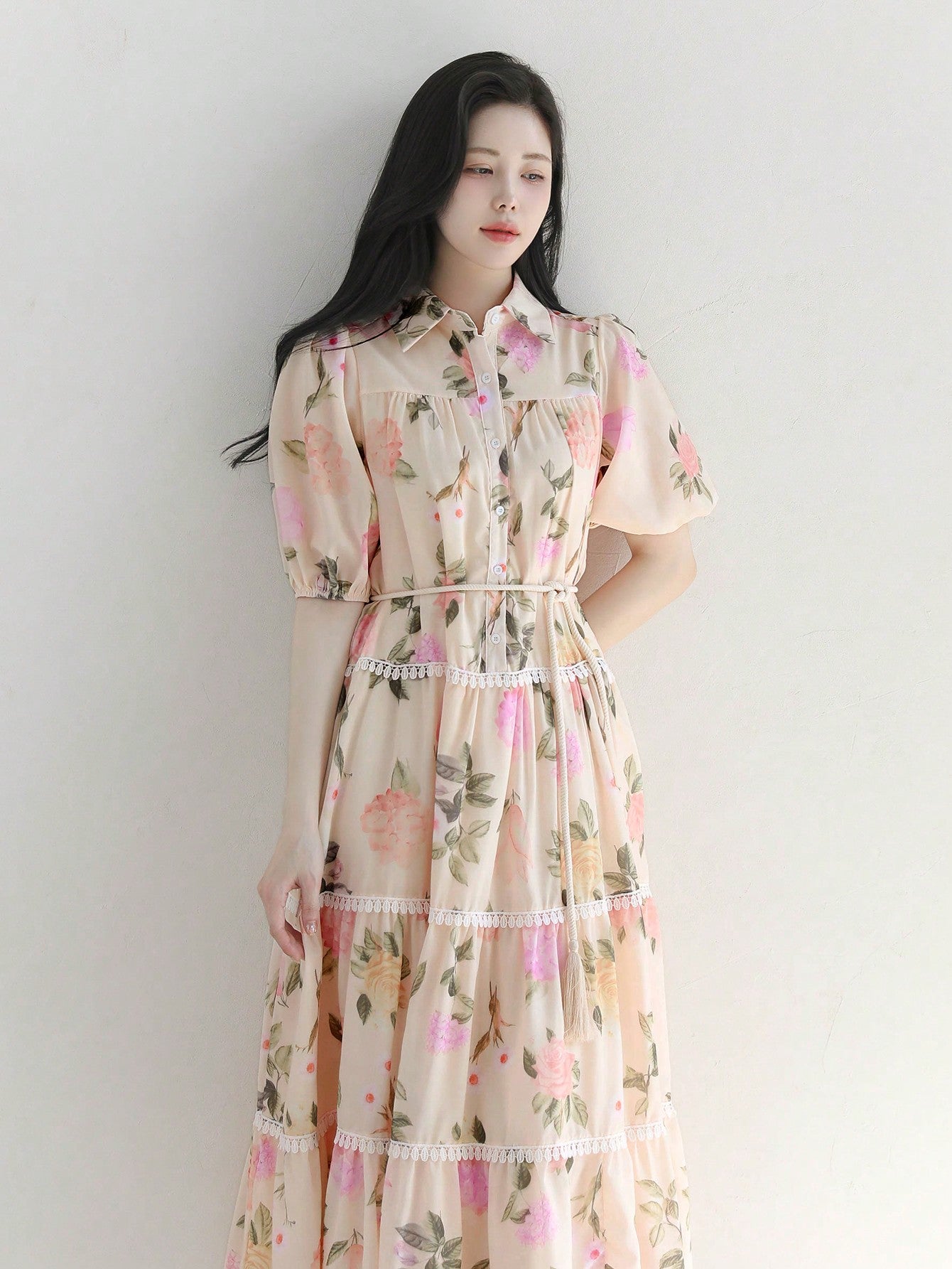 CM-DS662103 Women Elegant Seoul Style Floral Print Cinched Waist A-Line Midi Dress