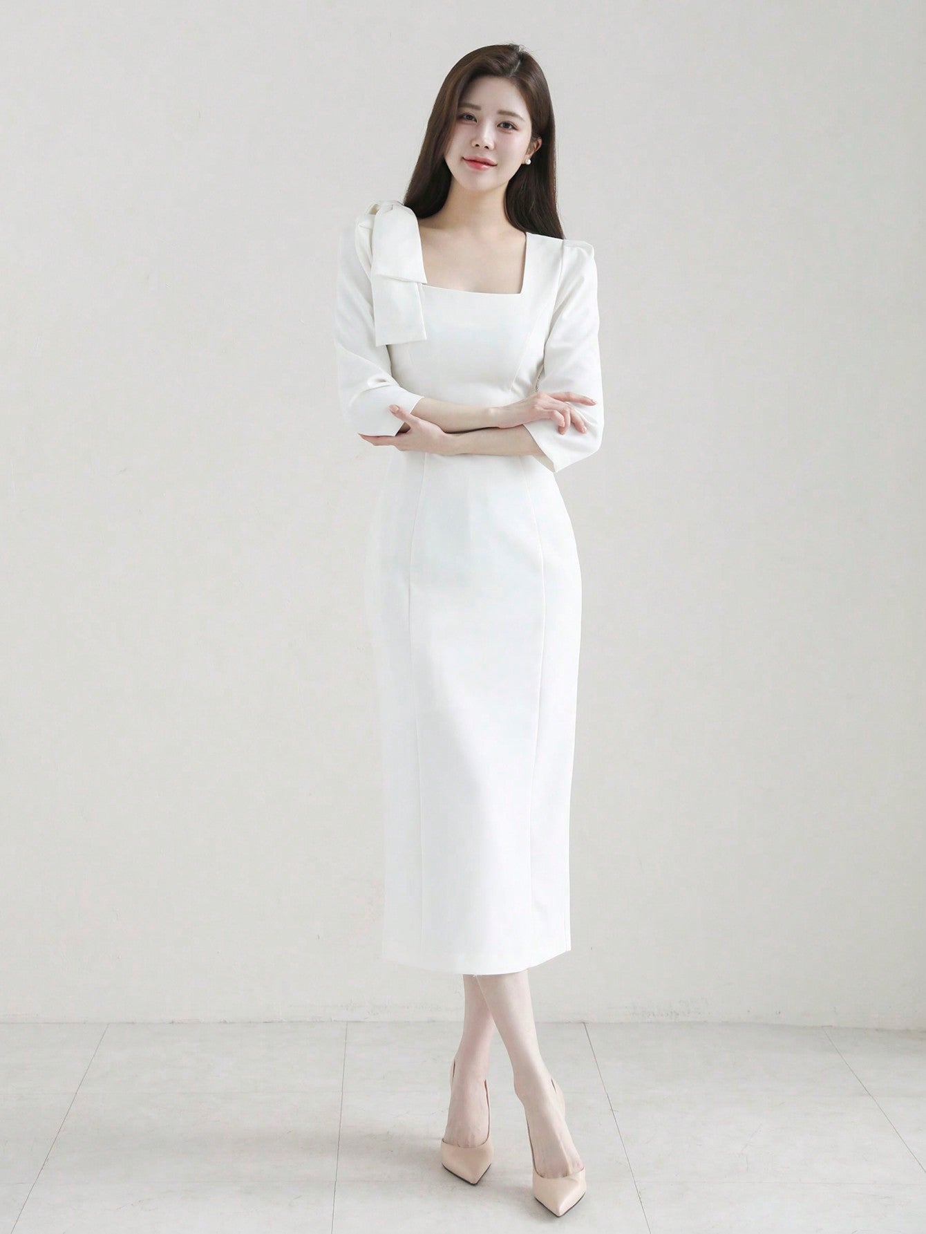 CM-DS727052 Women Elegant Seoul Style Bow Tie Waist Fitted Long Dress - White
