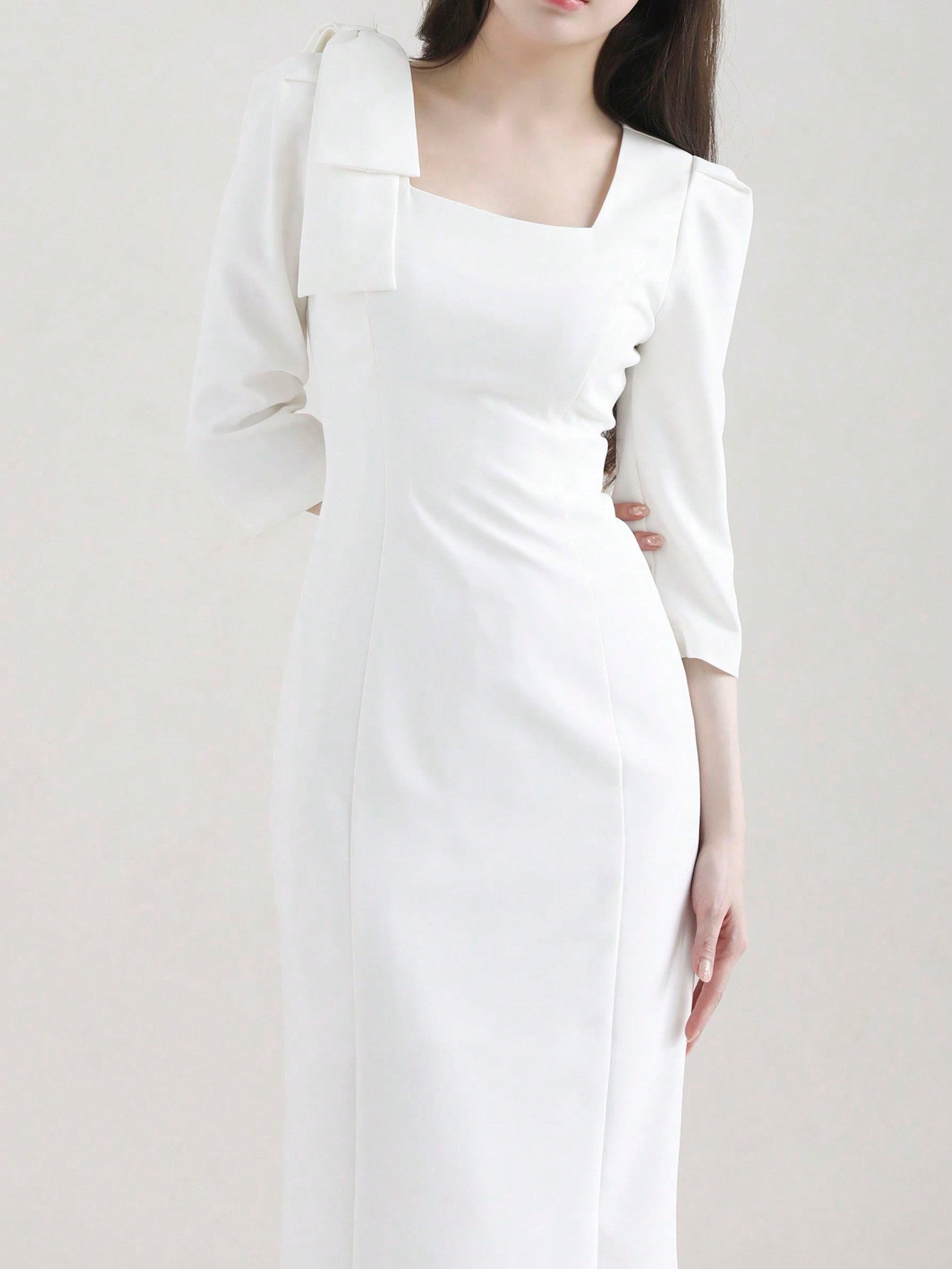 CM-DS727052 Women Elegant Seoul Style Bow Tie Waist Fitted Long Dress - White