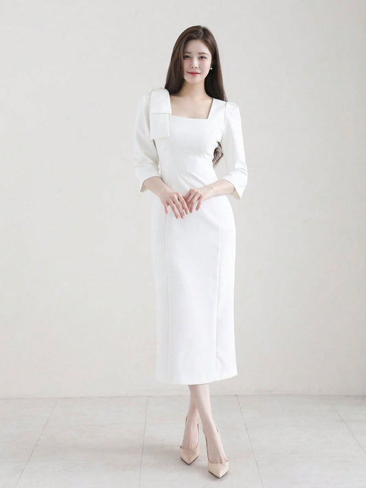 CM-DS727052 Women Elegant Seoul Style Bow Tie Waist Fitted Long Dress - White
