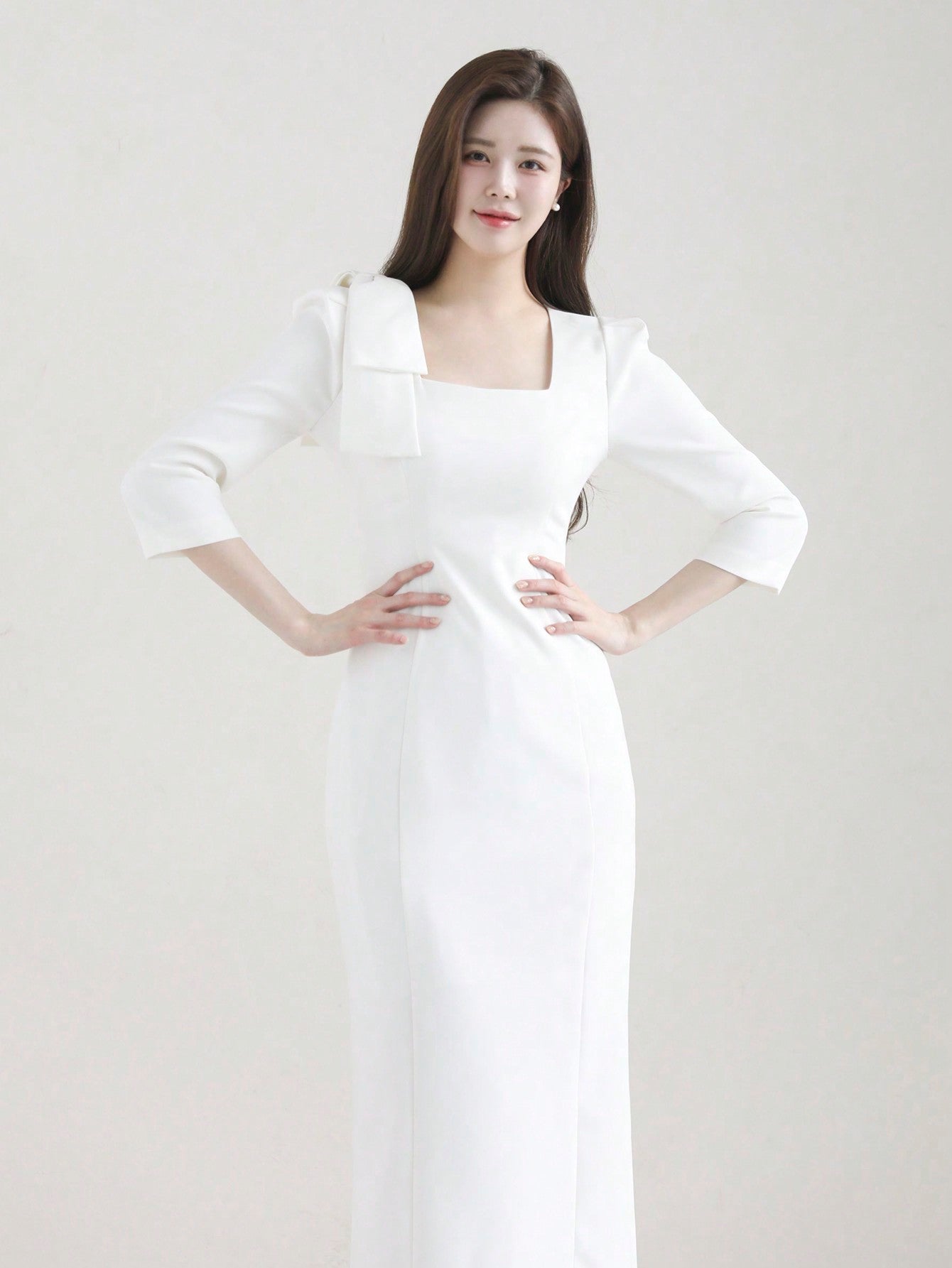 CM-DS727052 Women Elegant Seoul Style Bow Tie Waist Fitted Long Dress - White