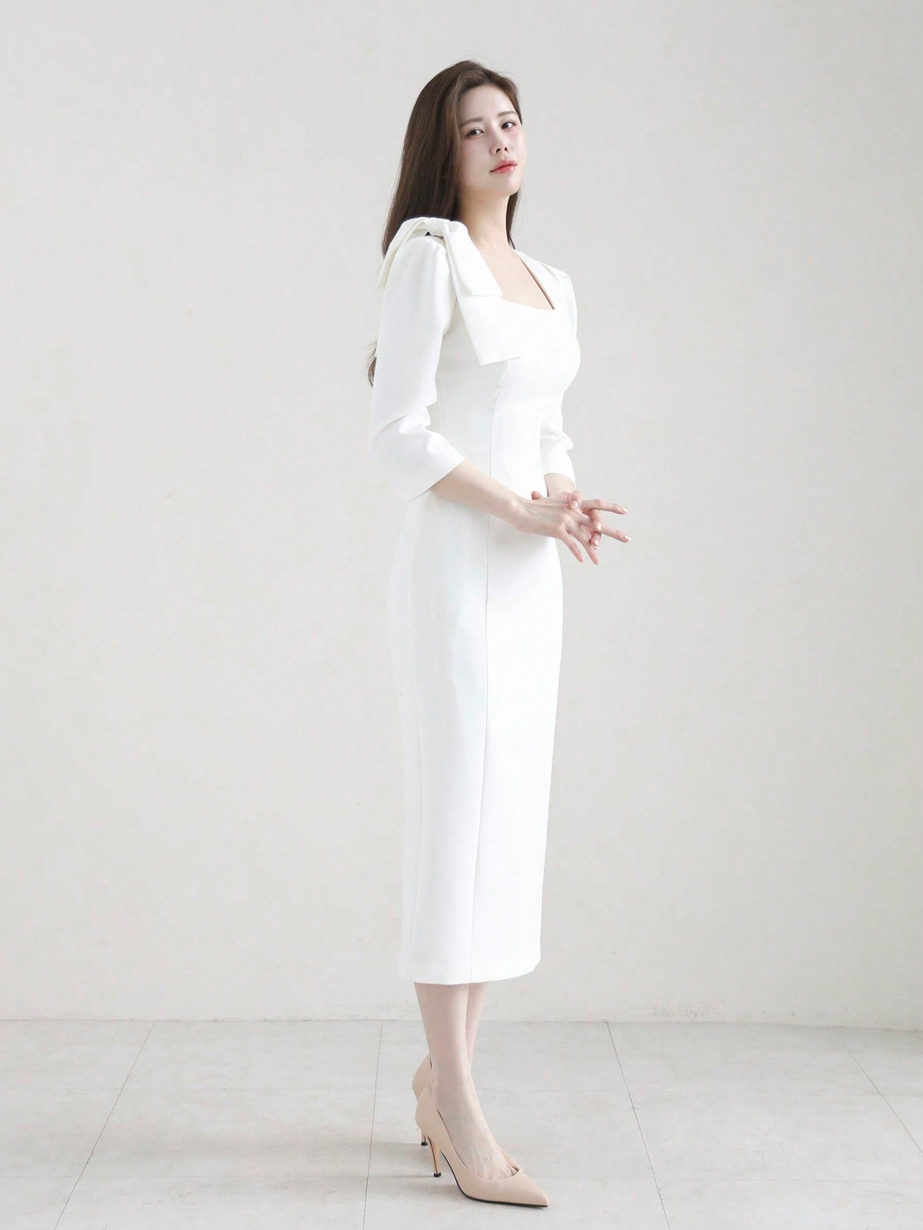 CM-DS727052 Women Elegant Seoul Style Bow Tie Waist Fitted Long Dress - White