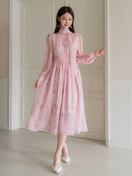 CM-DS121939 Women Elegant Seoul Style Floral Print Puff Sleeve Tie Neck Dress - Pink