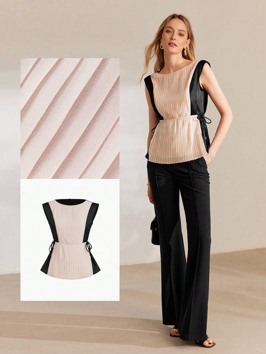 CM-TS816112 Women Elegant Seoul Style Colorblock Round Neck Sleeveless Drawstring Waist Blouse
