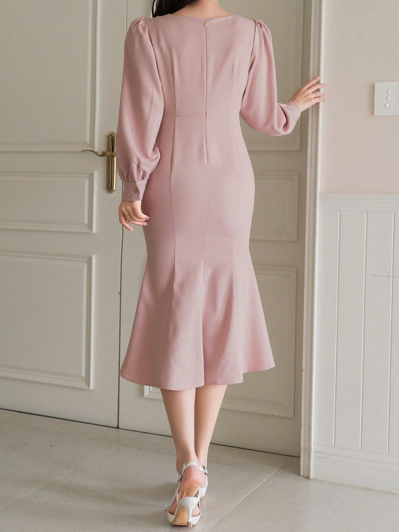 CM-DS762657 Women Elegant Seoul Style Solid Color Ruffle Trim Long Sleeve Dress - Khaki