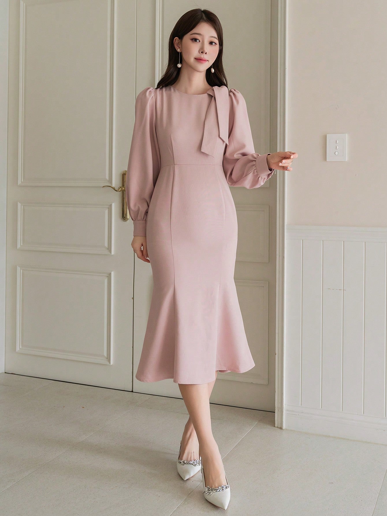 CM-DS762657 Women Elegant Seoul Style Solid Color Ruffle Trim Long Sleeve Dress - Khaki