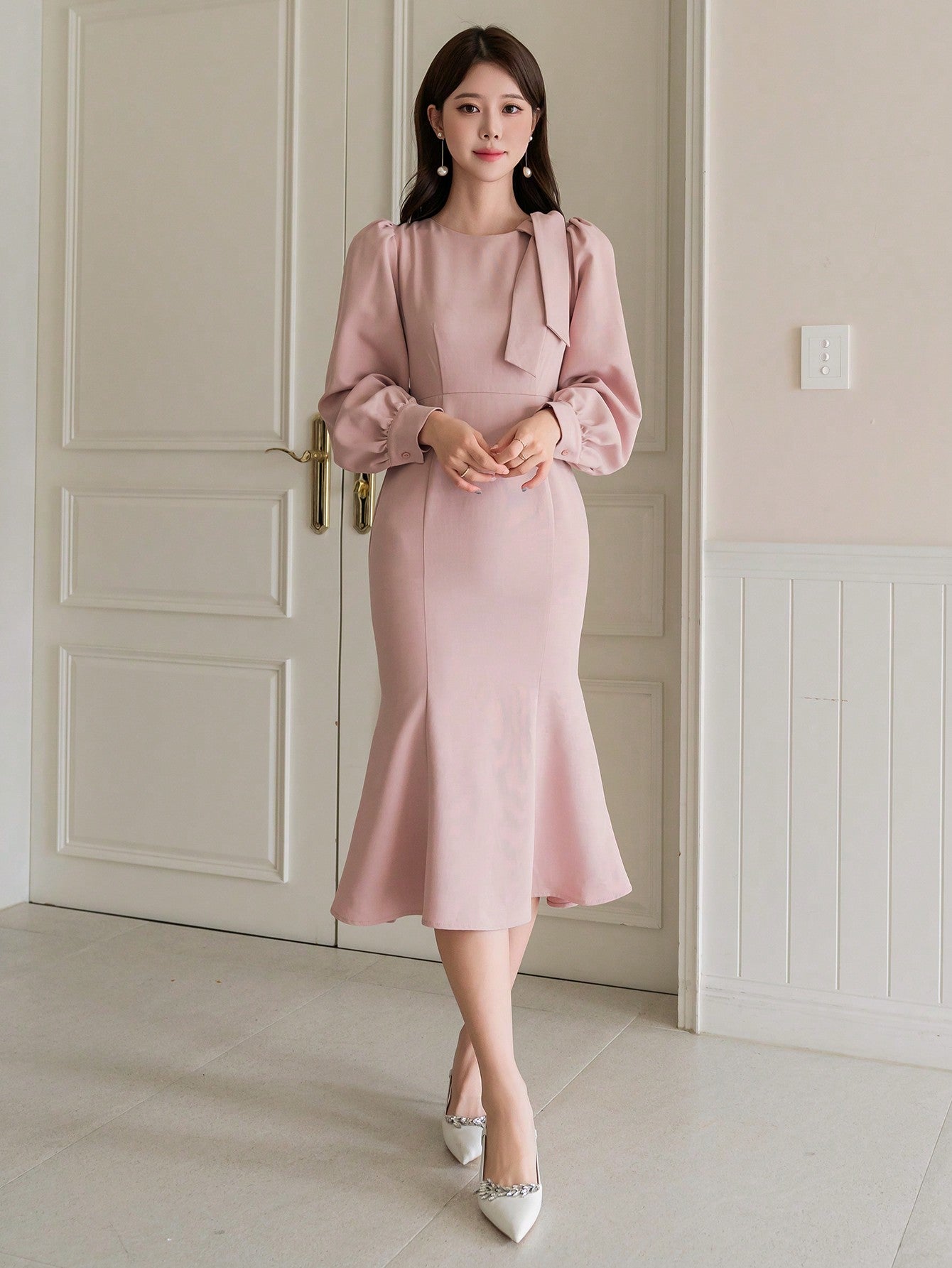 CM-DS762657 Women Elegant Seoul Style Solid Color Ruffle Trim Long Sleeve Dress - Khaki