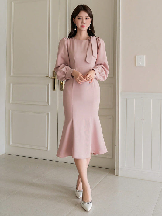CM-DS762657 Women Elegant Seoul Style Solid Color Ruffle Trim Long Sleeve Dress - Khaki