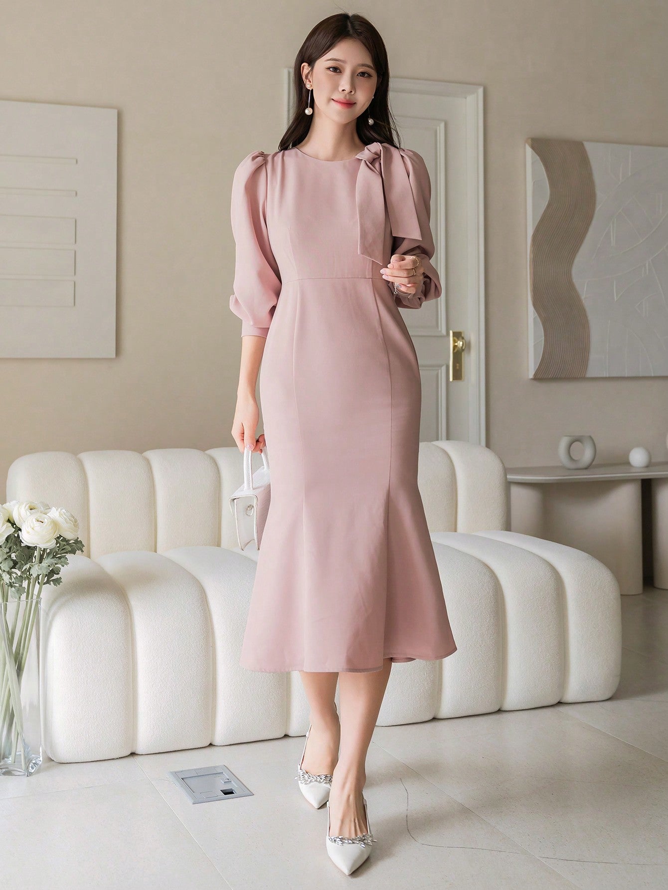 CM-DS762657 Women Elegant Seoul Style Solid Color Ruffle Trim Long Sleeve Dress - Khaki