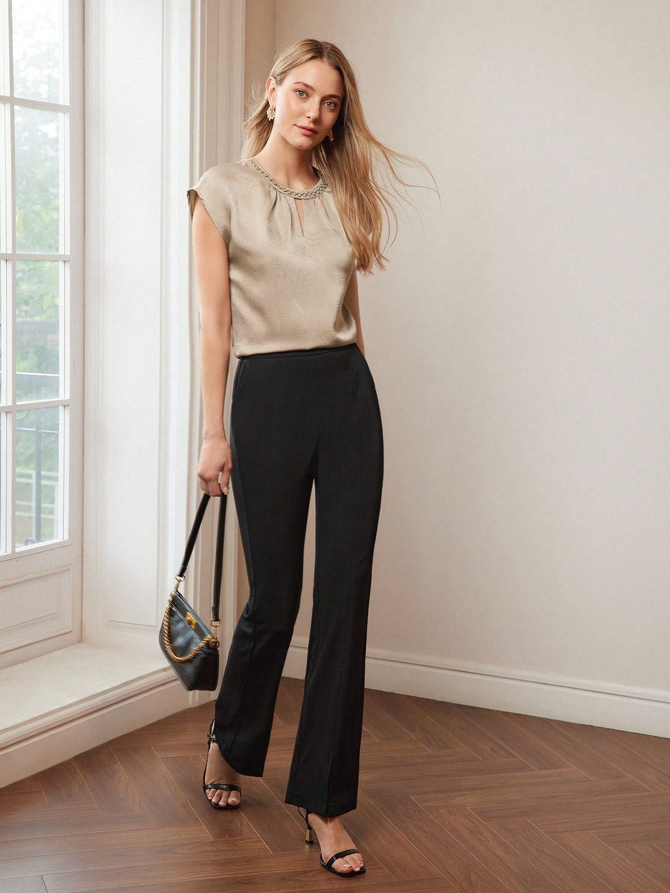 CM-TS423216 Women Elegant Seoul Style Rhinestone Chain Detail Keyhole Neckline Batwing Sleeve Blouse - Coffee Brown