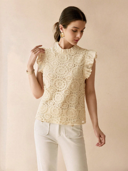 CM-TS859018 Women Elegant Seoul Style Guipure Lace Frill Mock Neck Ruffle Armhole Top - Apricot