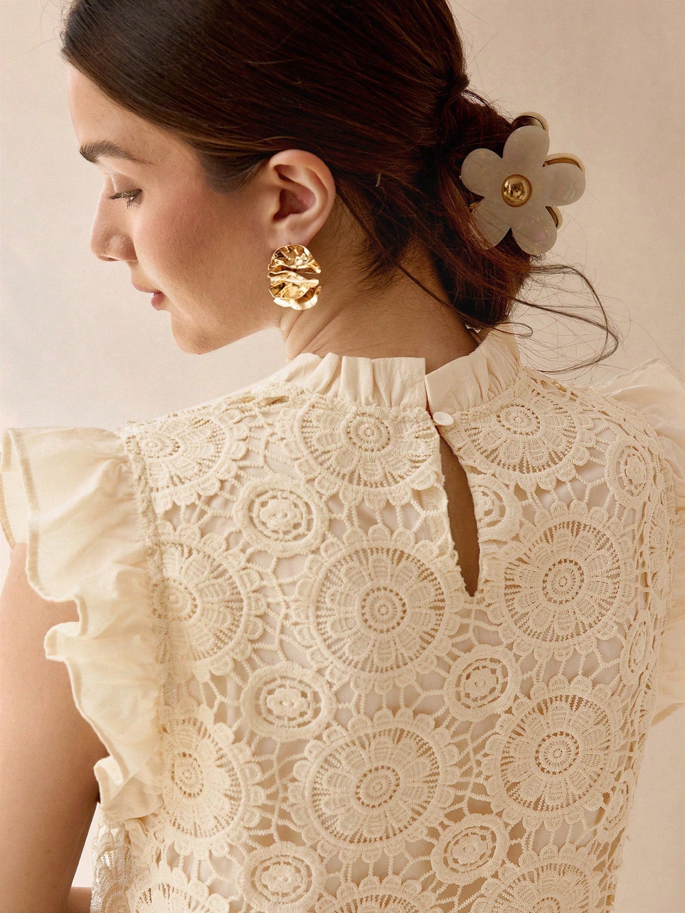 CM-TS859018 Women Elegant Seoul Style Guipure Lace Frill Mock Neck Ruffle Armhole Top - Apricot