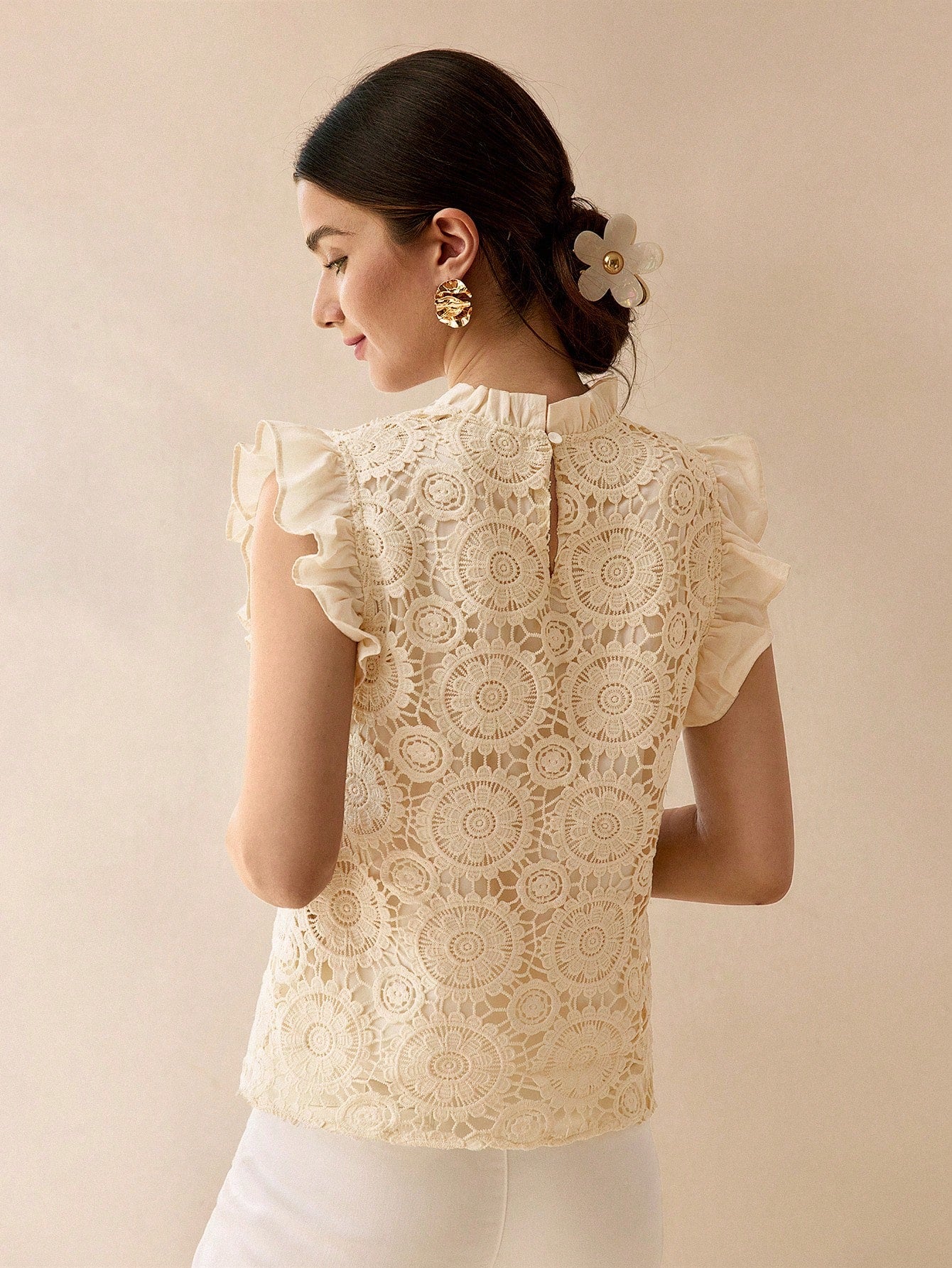 CM-TS859018 Women Elegant Seoul Style Guipure Lace Frill Mock Neck Ruffle Armhole Top - Apricot