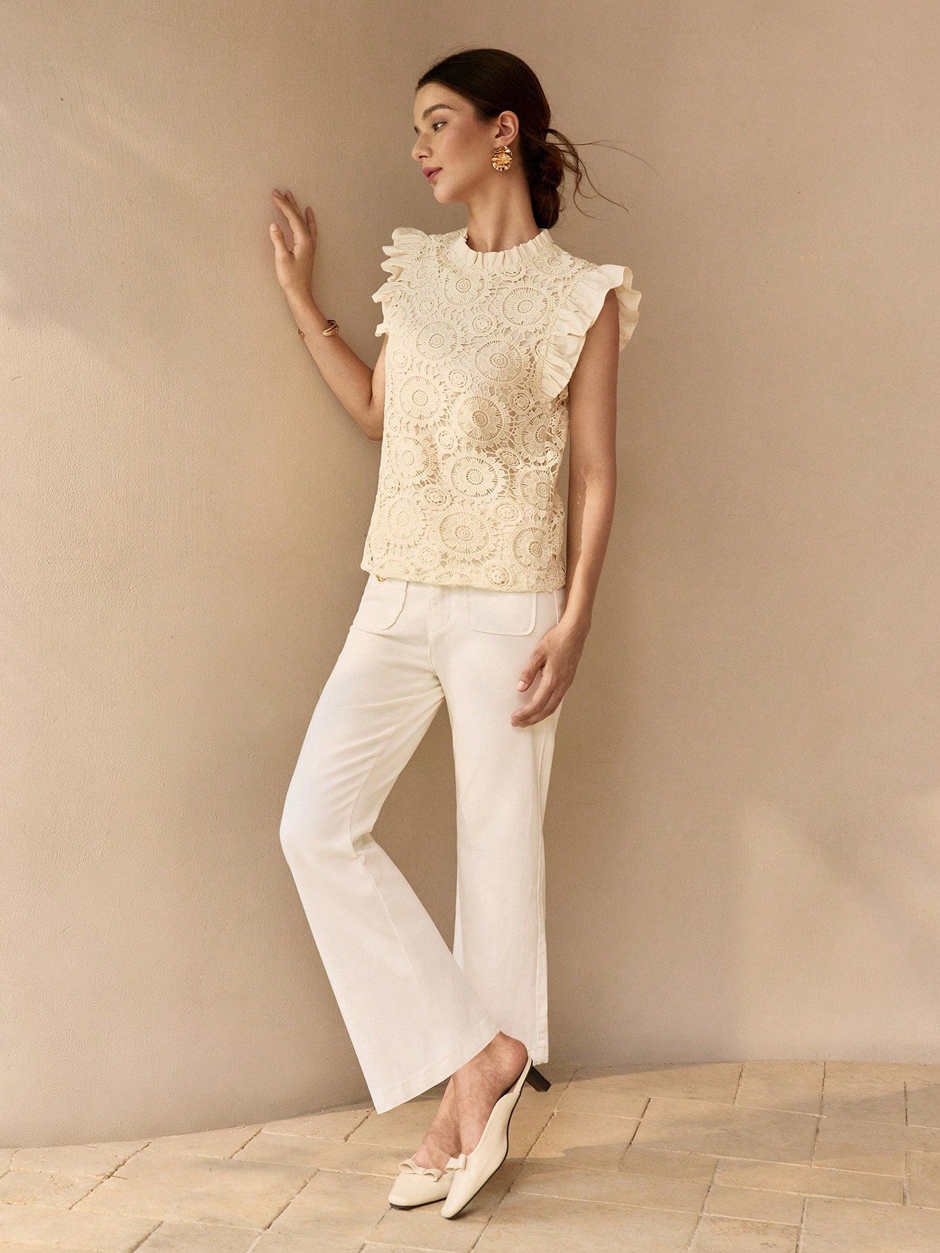 CM-TS859018 Women Elegant Seoul Style Guipure Lace Frill Mock Neck Ruffle Armhole Top - Apricot