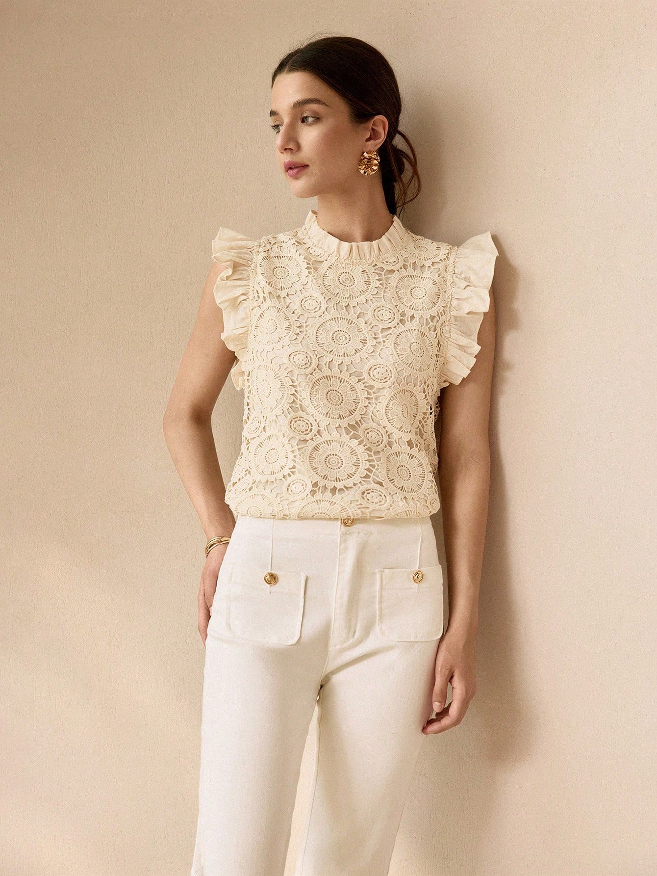 CM-TS859018 Women Elegant Seoul Style Guipure Lace Frill Mock Neck Ruffle Armhole Top - Apricot