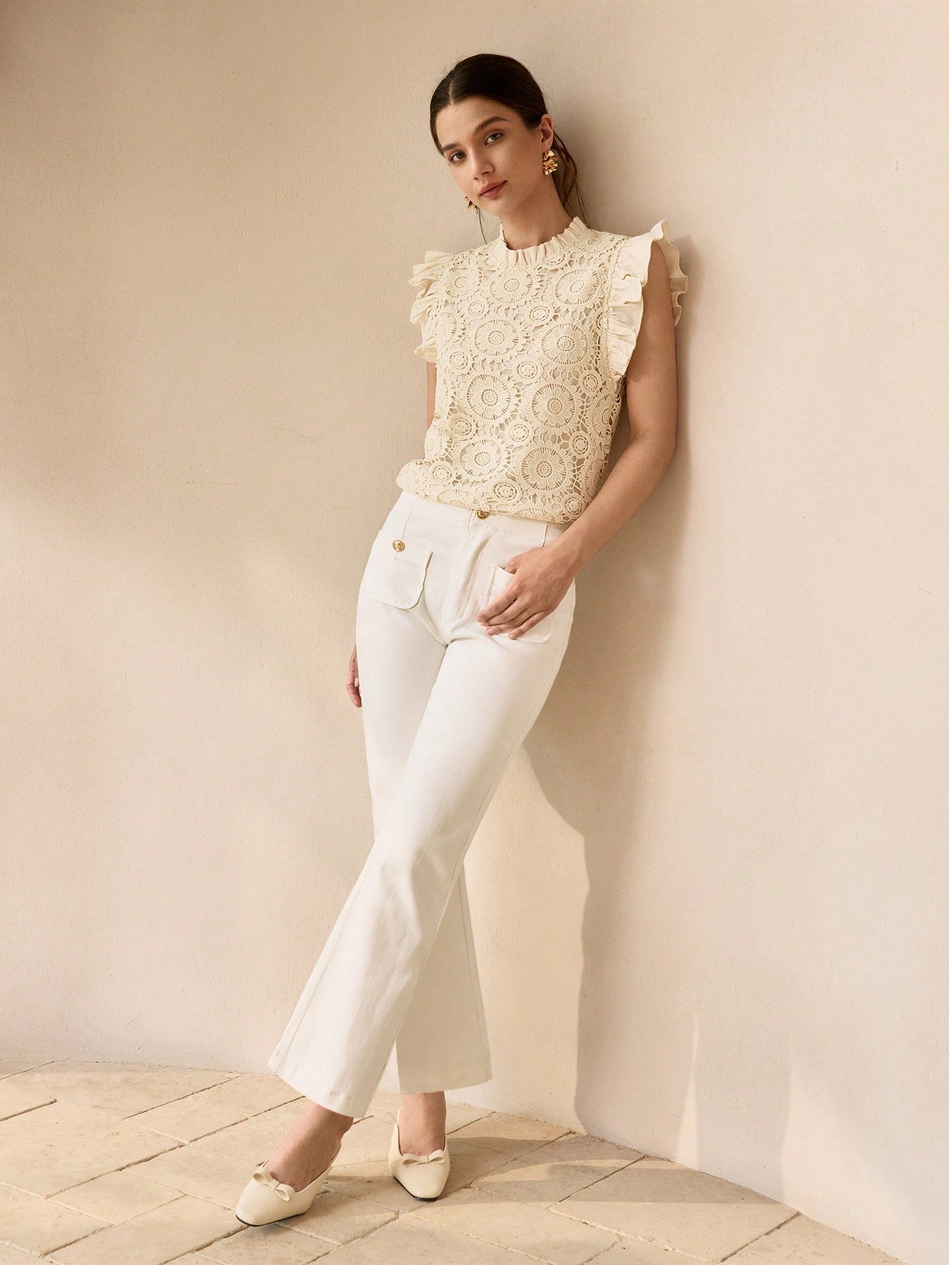 CM-TS859018 Women Elegant Seoul Style Guipure Lace Frill Mock Neck Ruffle Armhole Top - Apricot