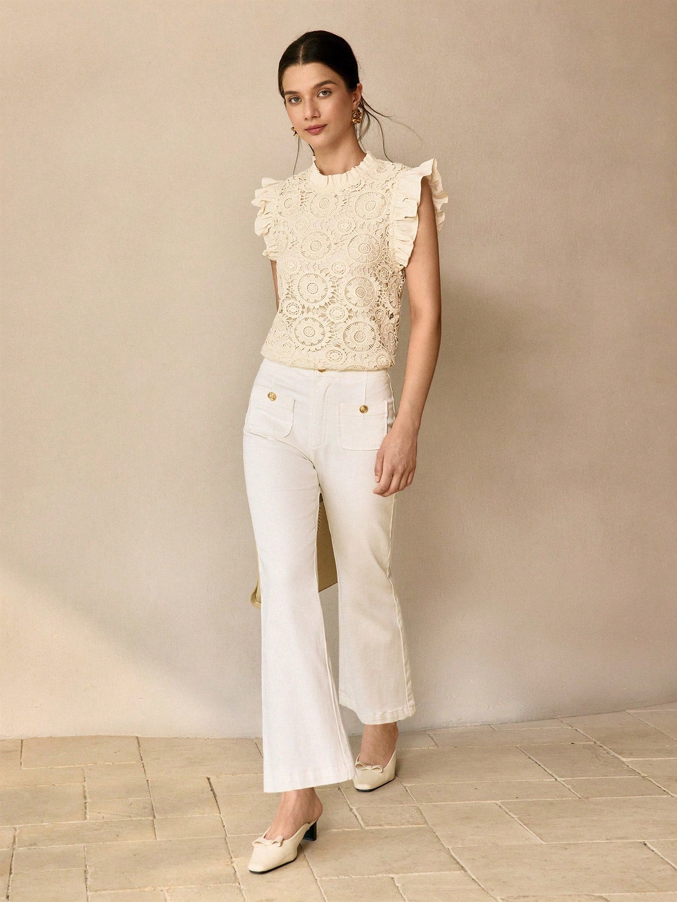 CM-TS859018 Women Elegant Seoul Style Guipure Lace Frill Mock Neck Ruffle Armhole Top - Apricot
