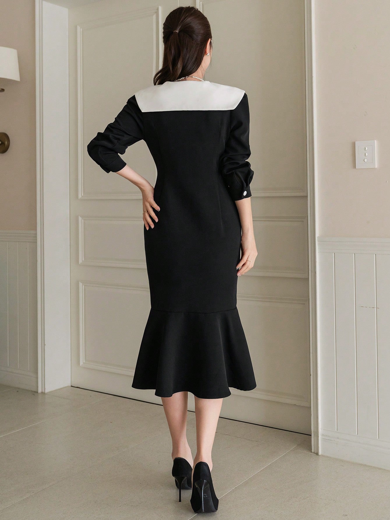 CM-DS212807 Women Elegant Seoul Style Color Block Collar Double Breasted Long Sleeve Dress
