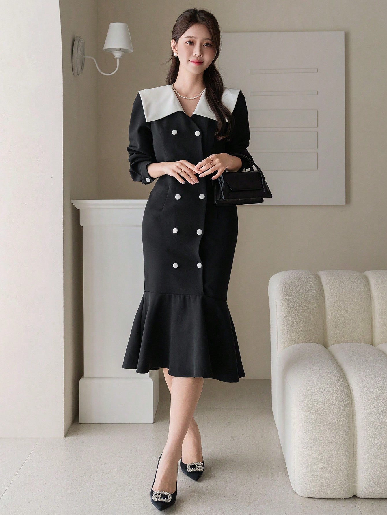 CM-DS212807 Women Elegant Seoul Style Color Block Collar Double Breasted Long Sleeve Dress