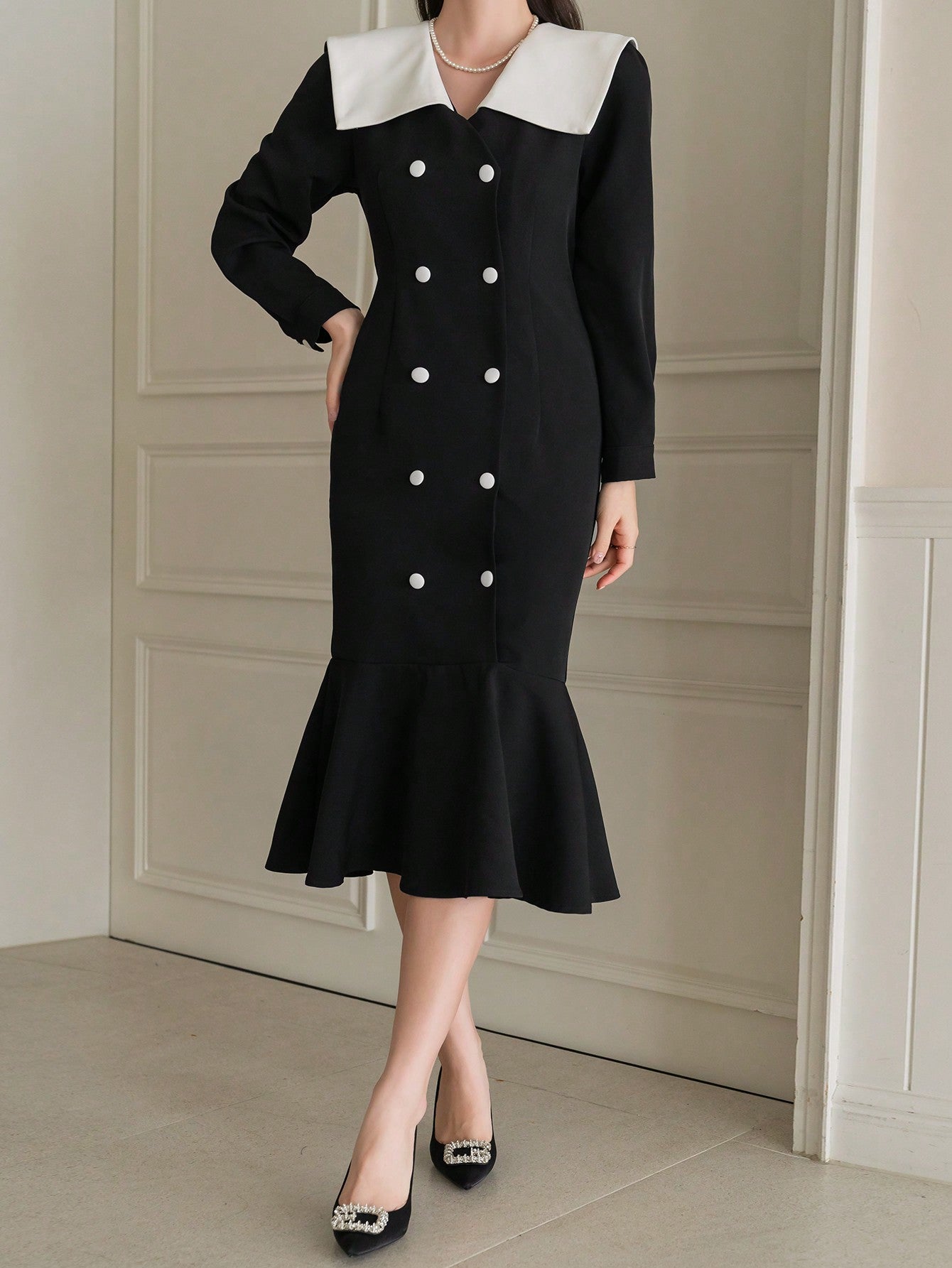CM-DS212807 Women Elegant Seoul Style Color Block Collar Double Breasted Long Sleeve Dress