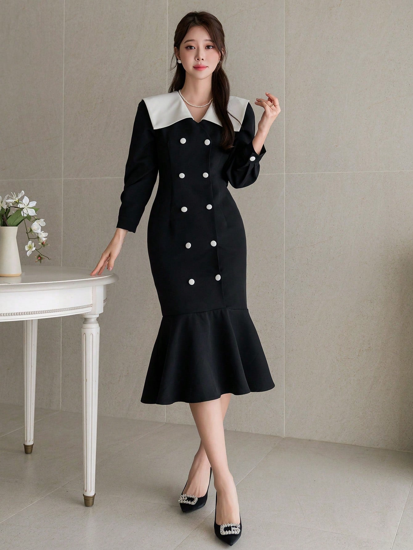 CM-DS212807 Women Elegant Seoul Style Color Block Collar Double Breasted Long Sleeve Dress
