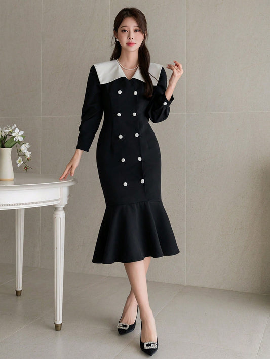 CM-DS212807 Women Elegant Seoul Style Color Block Collar Double Breasted Long Sleeve Dress