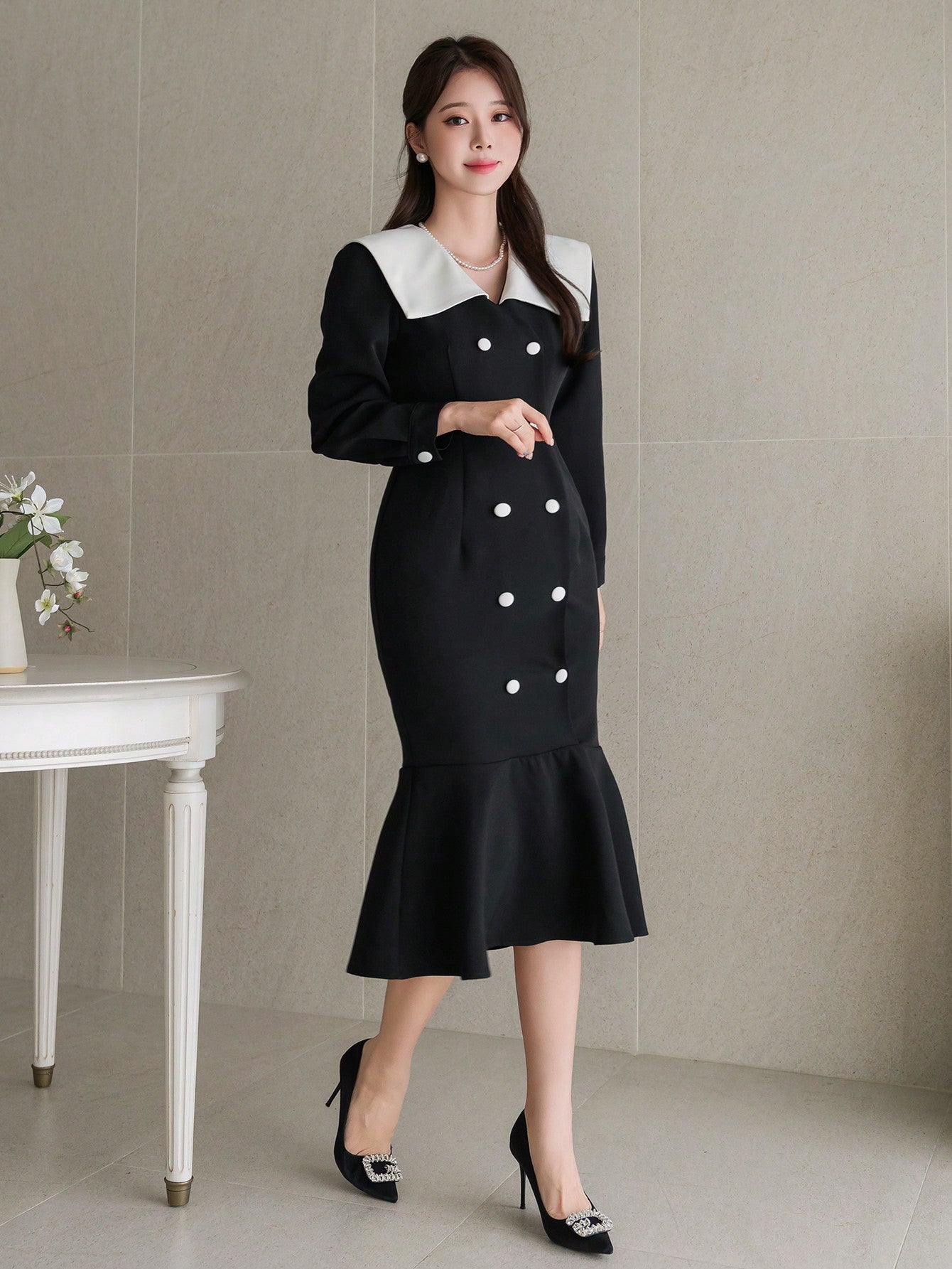 CM-DS212807 Women Elegant Seoul Style Color Block Collar Double Breasted Long Sleeve Dress