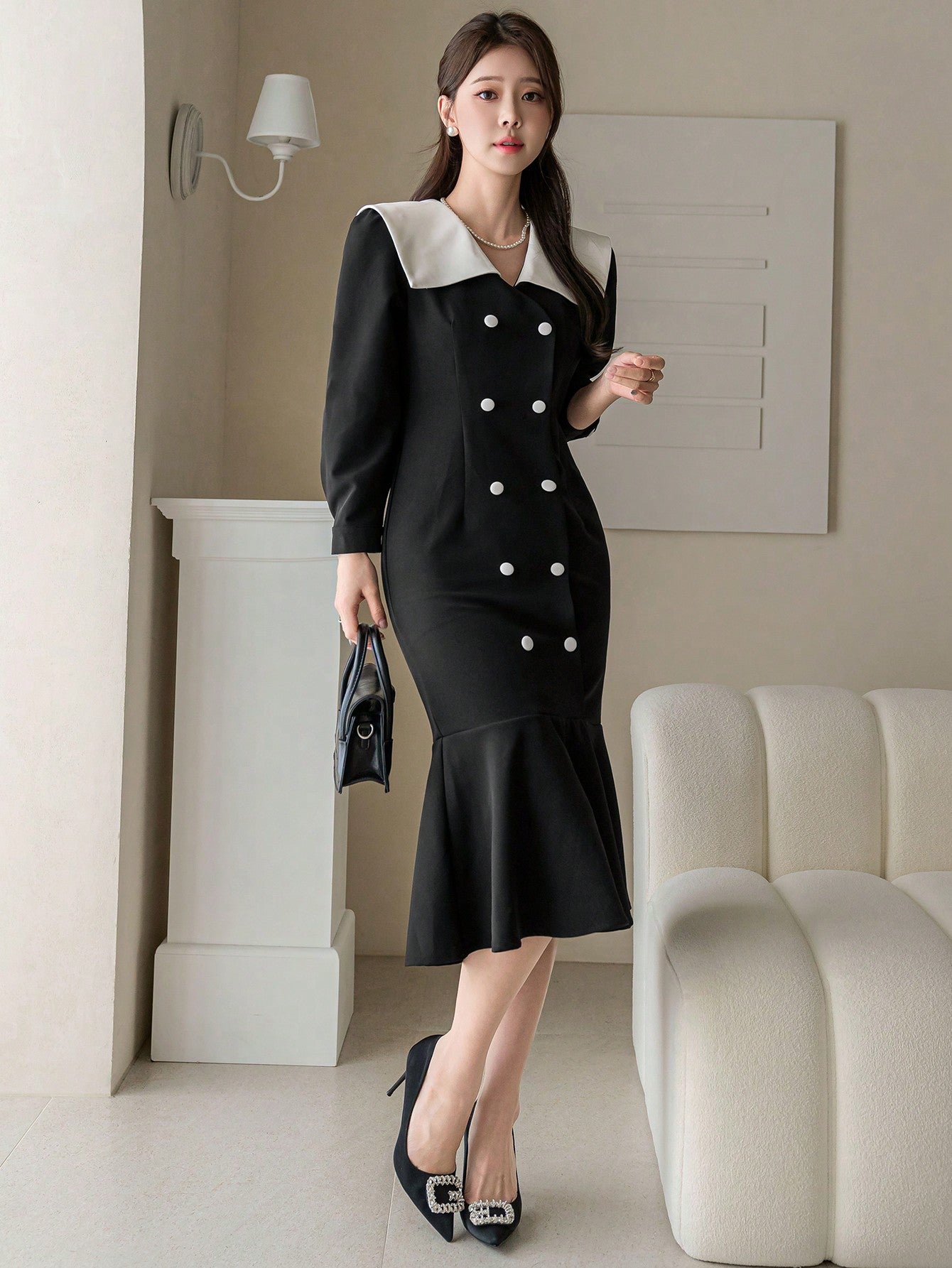 CM-DS212807 Women Elegant Seoul Style Color Block Collar Double Breasted Long Sleeve Dress