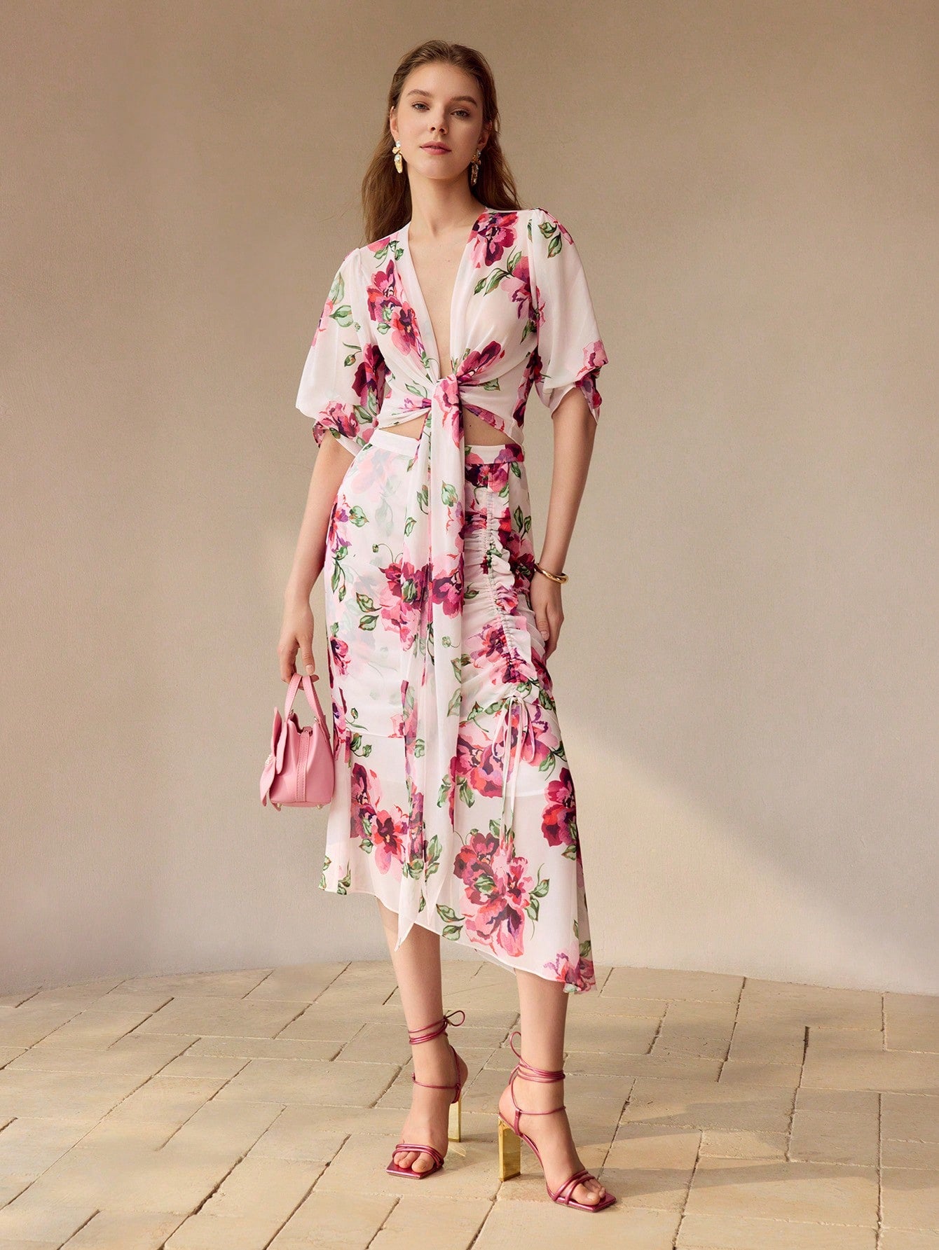 CM-BS345346 Women Elegant Seoul Style Chiffon Floral Print Drawstring Ruched Front Skirt