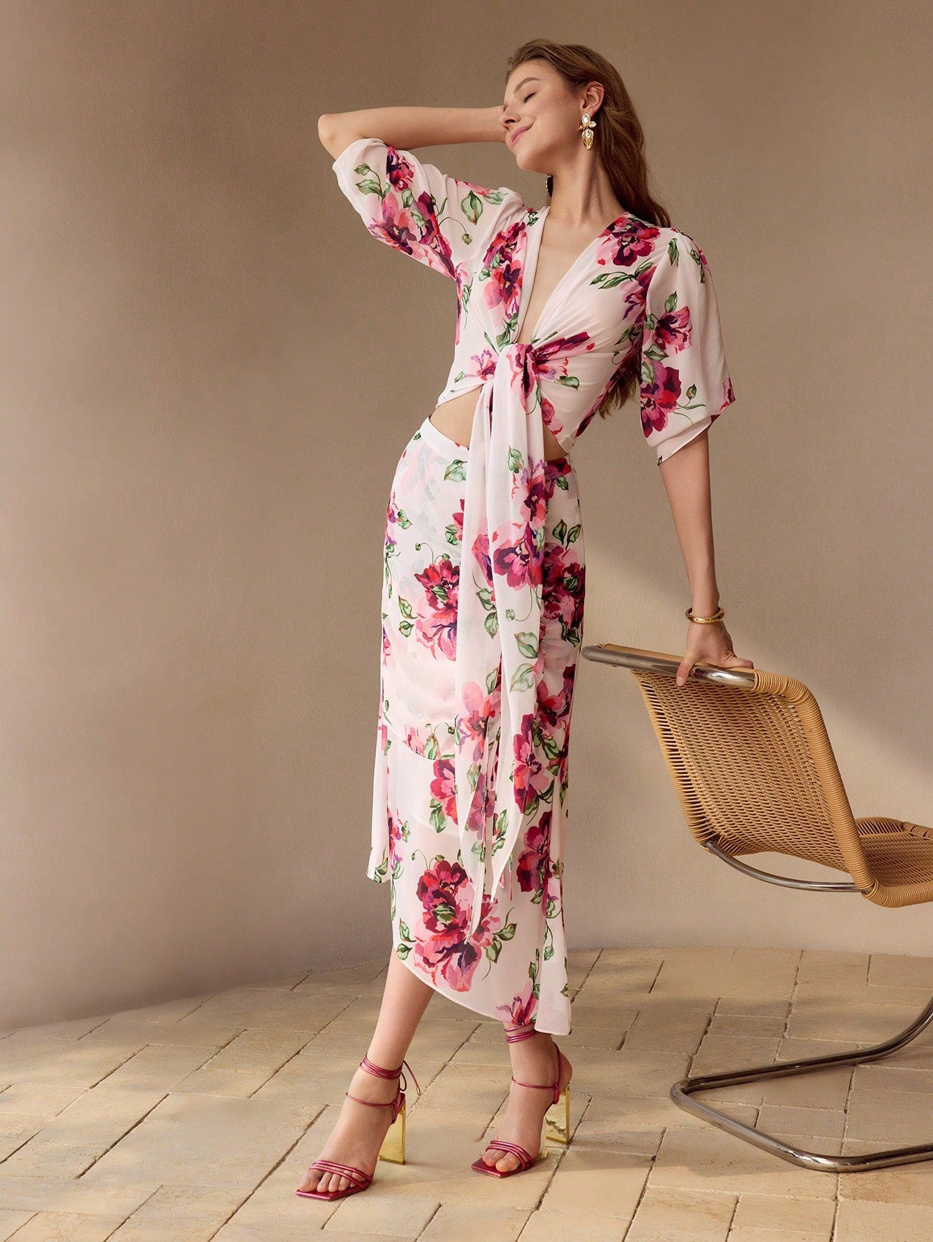 CM-BS345346 Women Elegant Seoul Style Chiffon Floral Print Drawstring Ruched Front Skirt