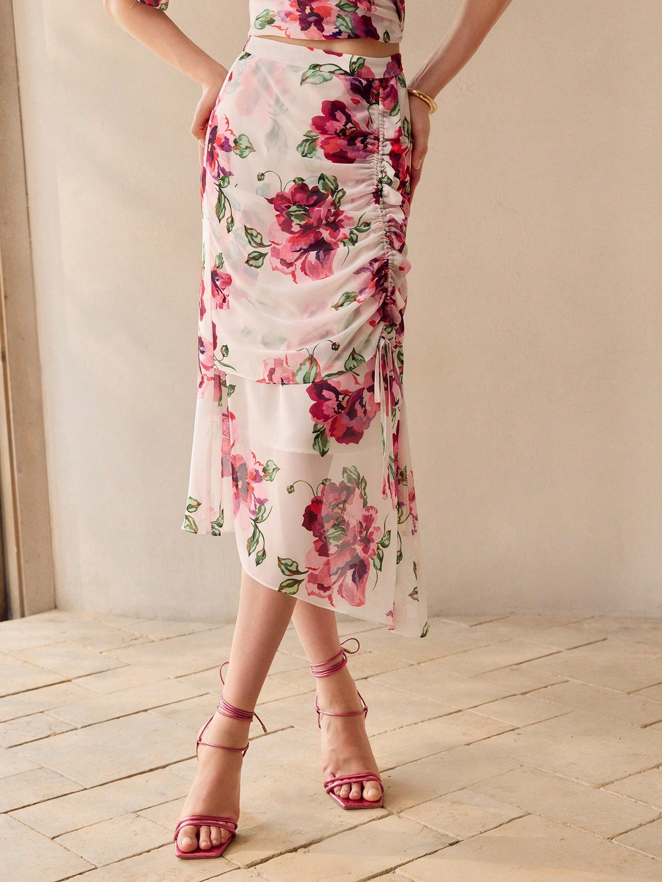 CM-BS345346 Women Elegant Seoul Style Chiffon Floral Print Drawstring Ruched Front Skirt