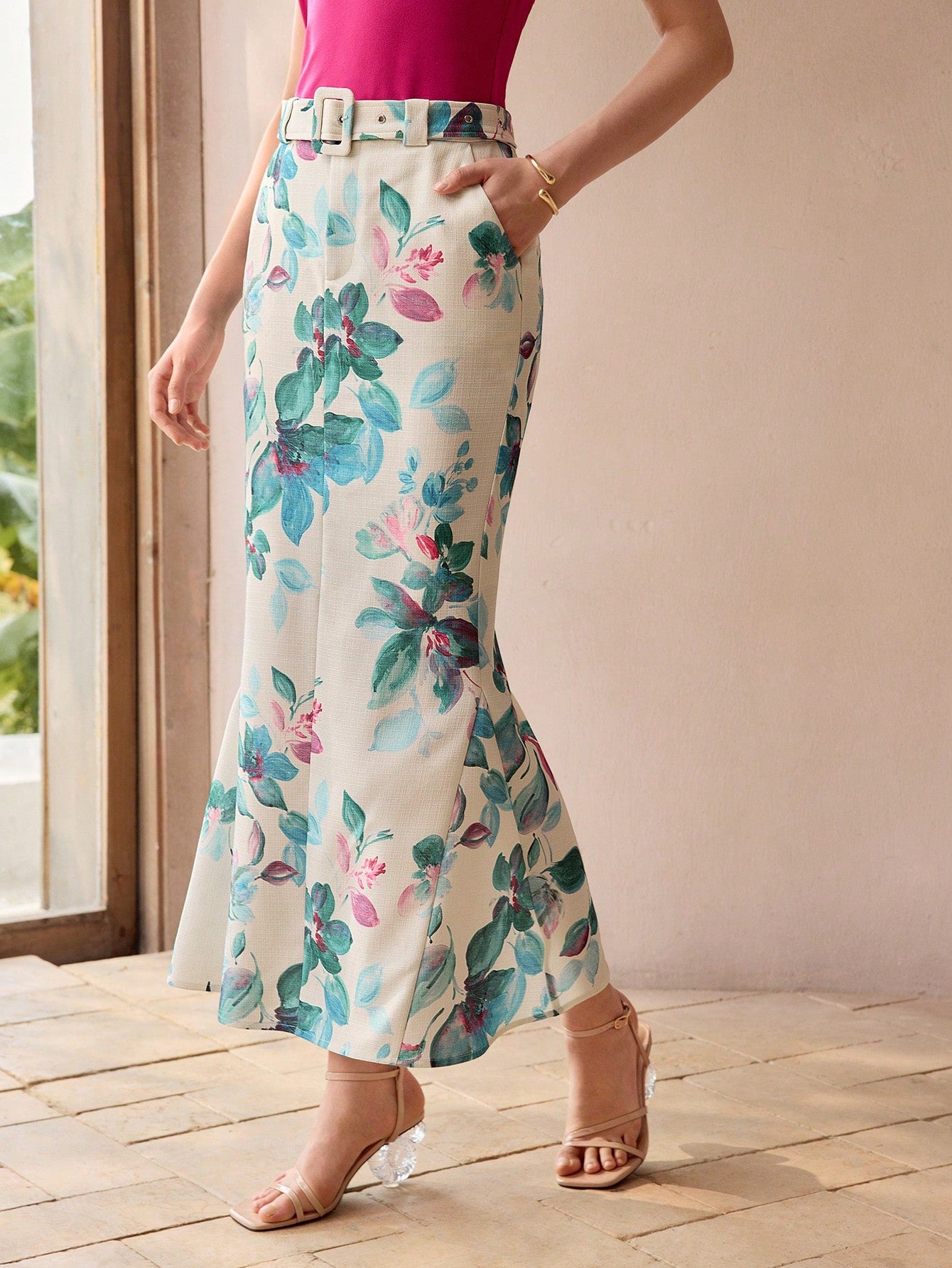 CM-BS138921 Women Elegant Seoul Style Floral Print Buckle Belted Ruffle Skirt - Apricot