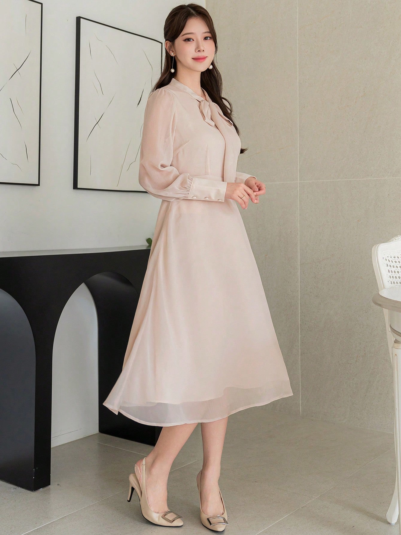CM-DS351852 Women Elegant Seoul Style Solid Color Ruffle Neck Long Sleeve Dress - Apricot