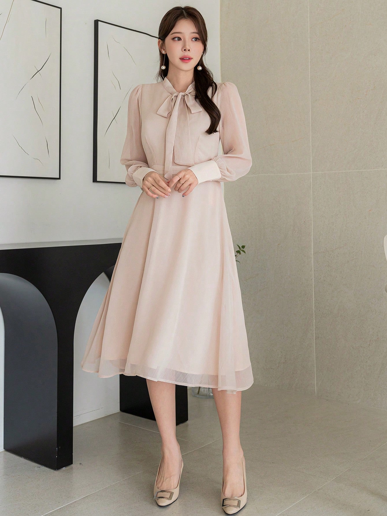 CM-DS351852 Women Elegant Seoul Style Solid Color Ruffle Neck Long Sleeve Dress - Apricot
