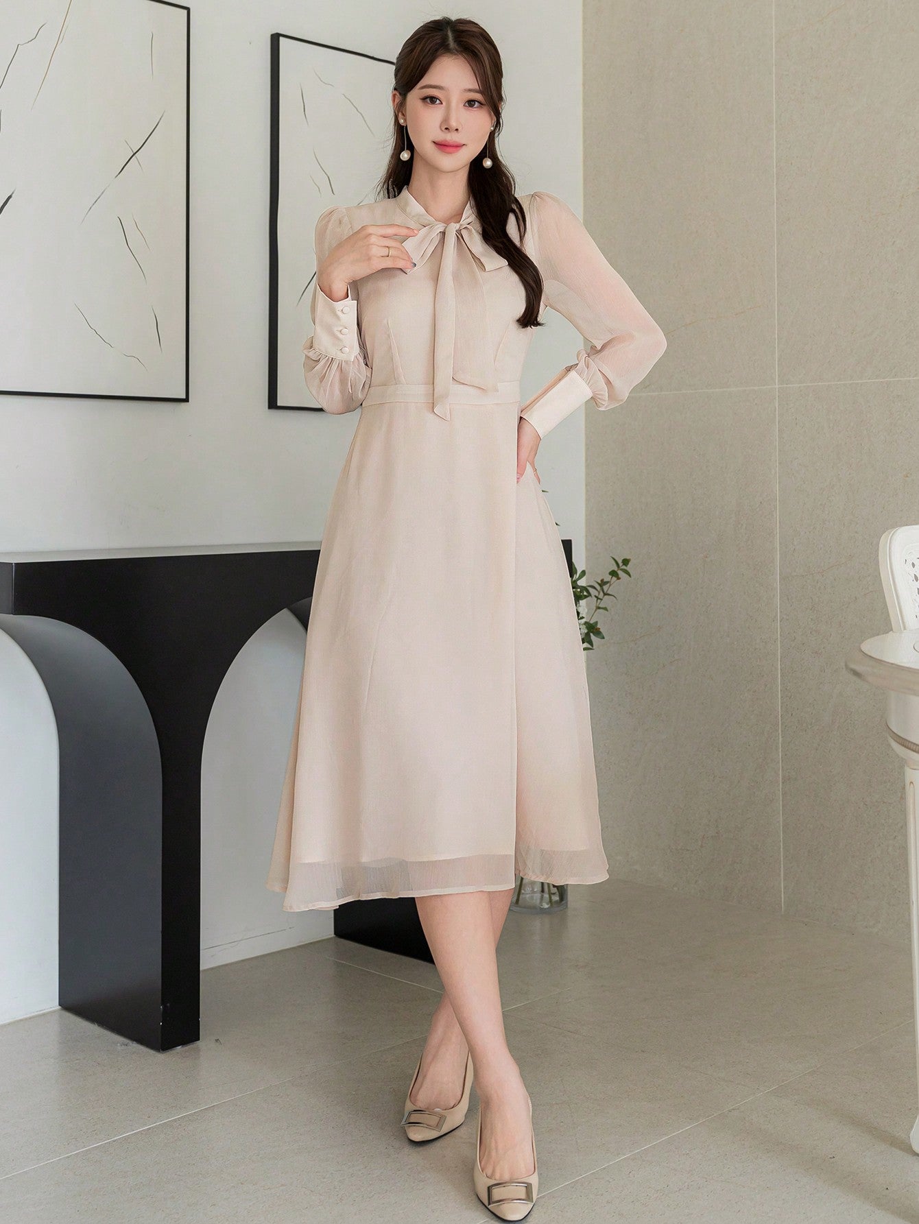 CM-DS351852 Women Elegant Seoul Style Solid Color Ruffle Neck Long Sleeve Dress - Apricot