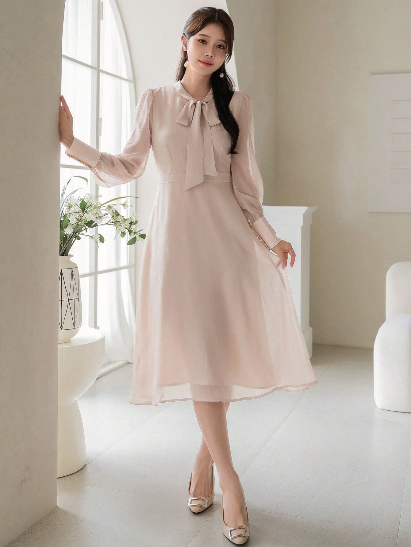 CM-DS351852 Women Elegant Seoul Style Solid Color Ruffle Neck Long Sleeve Dress - Apricot