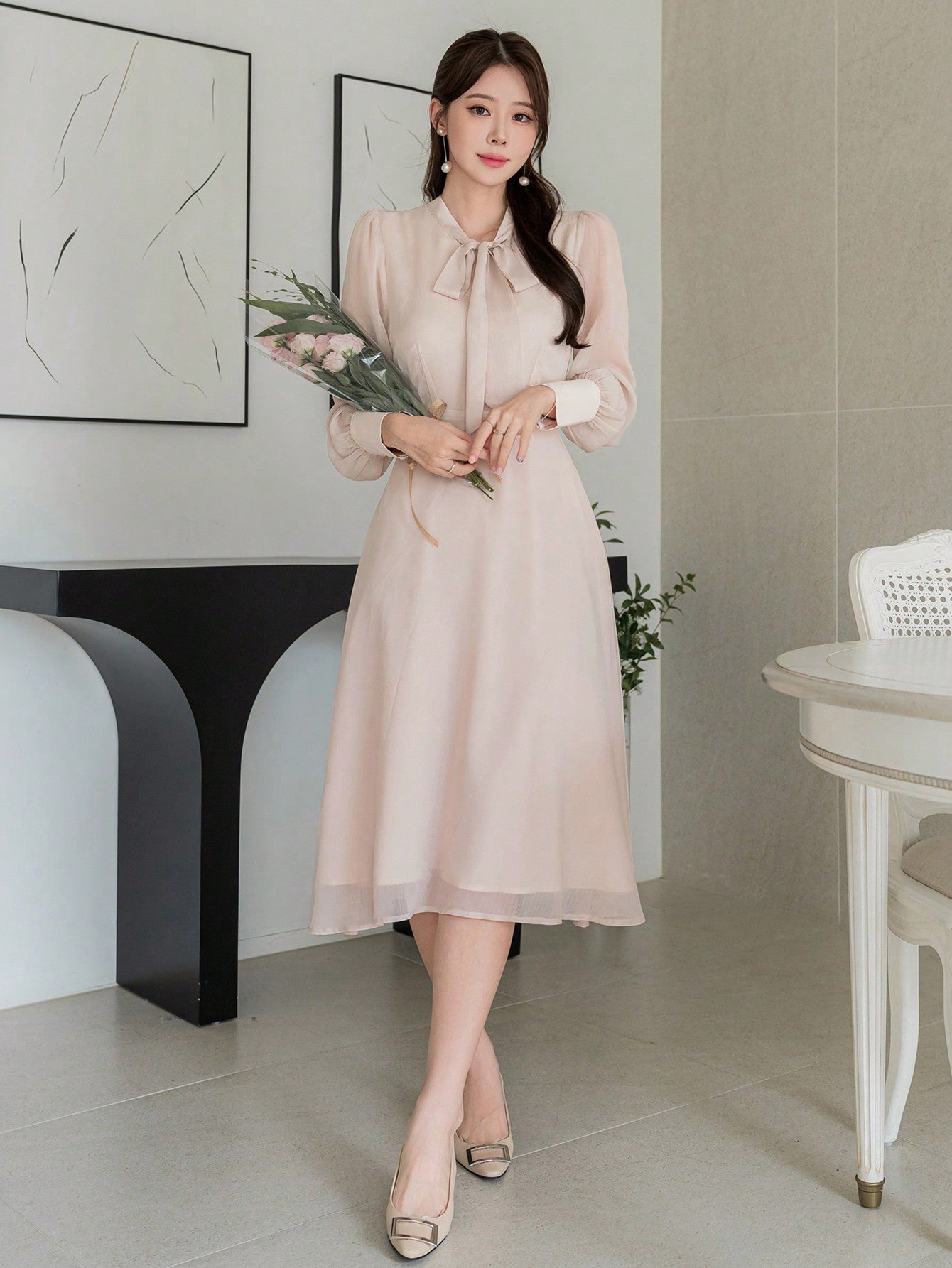 CM-DS351852 Women Elegant Seoul Style Solid Color Ruffle Neck Long Sleeve Dress - Apricot