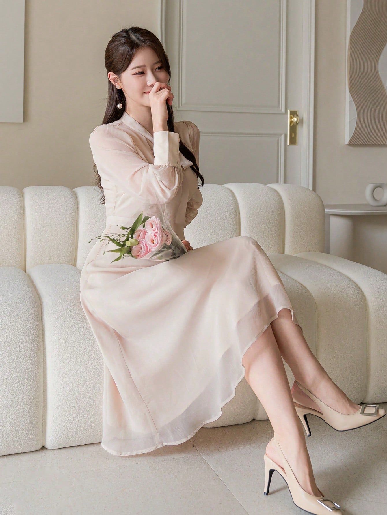 CM-DS351852 Women Elegant Seoul Style Solid Color Ruffle Neck Long Sleeve Dress - Apricot